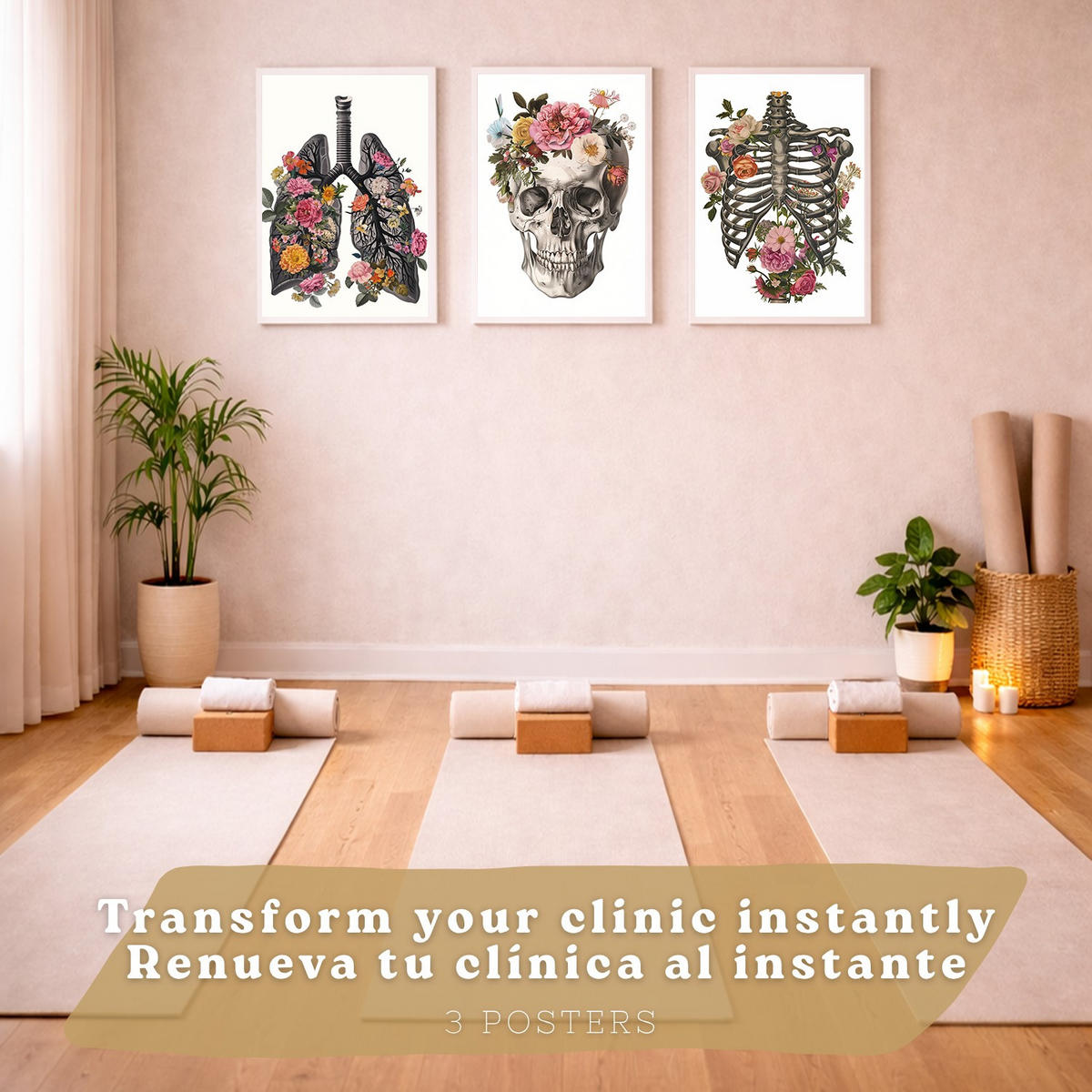 POSTER Set aus 3 Anatomie Mensch Drucke und mit Lungen Luftröhre Bronchien Rippen Wirbelsäule und Schädel Modernes Florales Größe Weißer Rahmen A3 - Weiß, Papier (29.7/42/3cm) - Nacnic