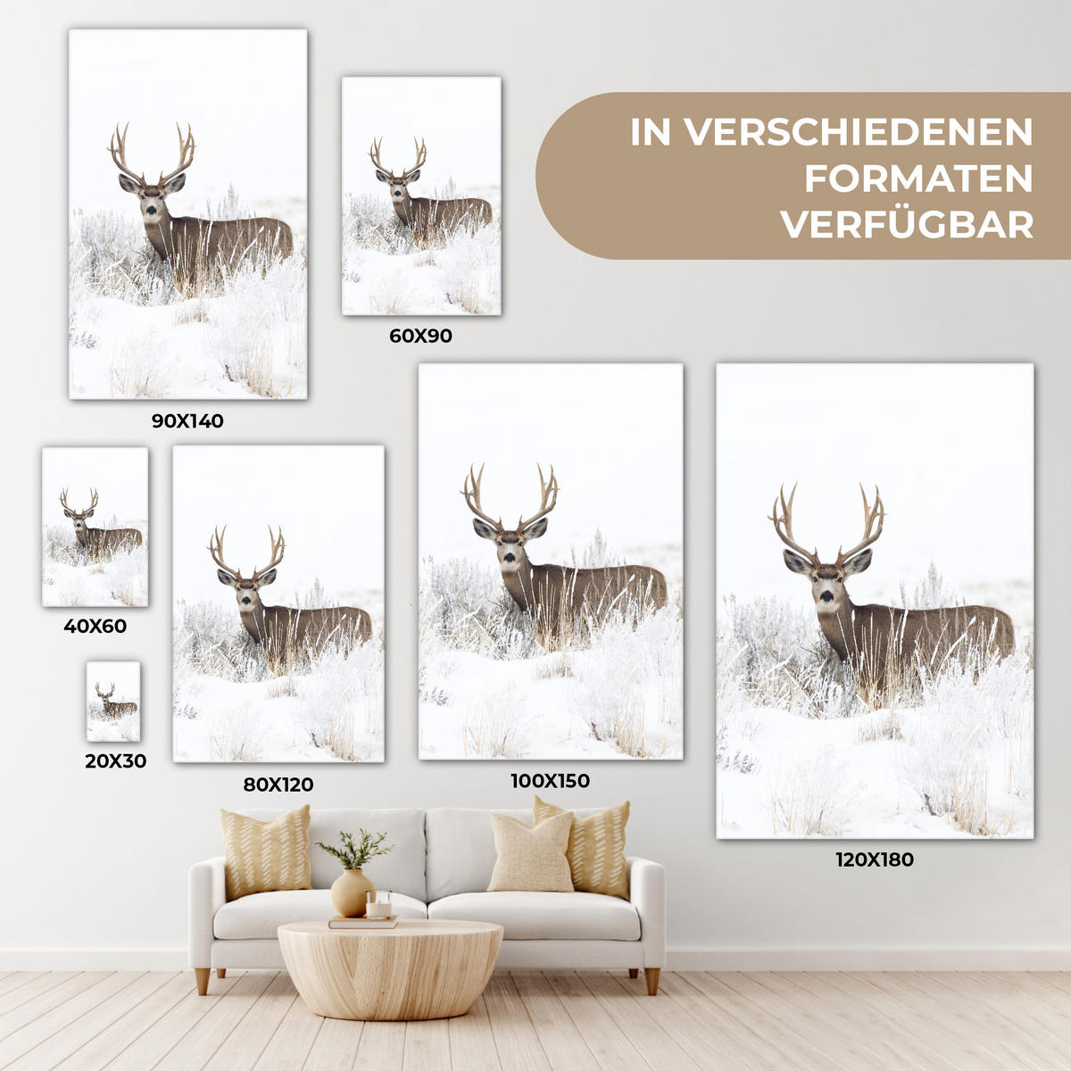 LEINWANDBILD Hirsche - Winter - Schnee - Tiere - Jahreszeiten - Weiß 20x30 cm - Hellbraun, Textil (20/30cm) - MuchoWow