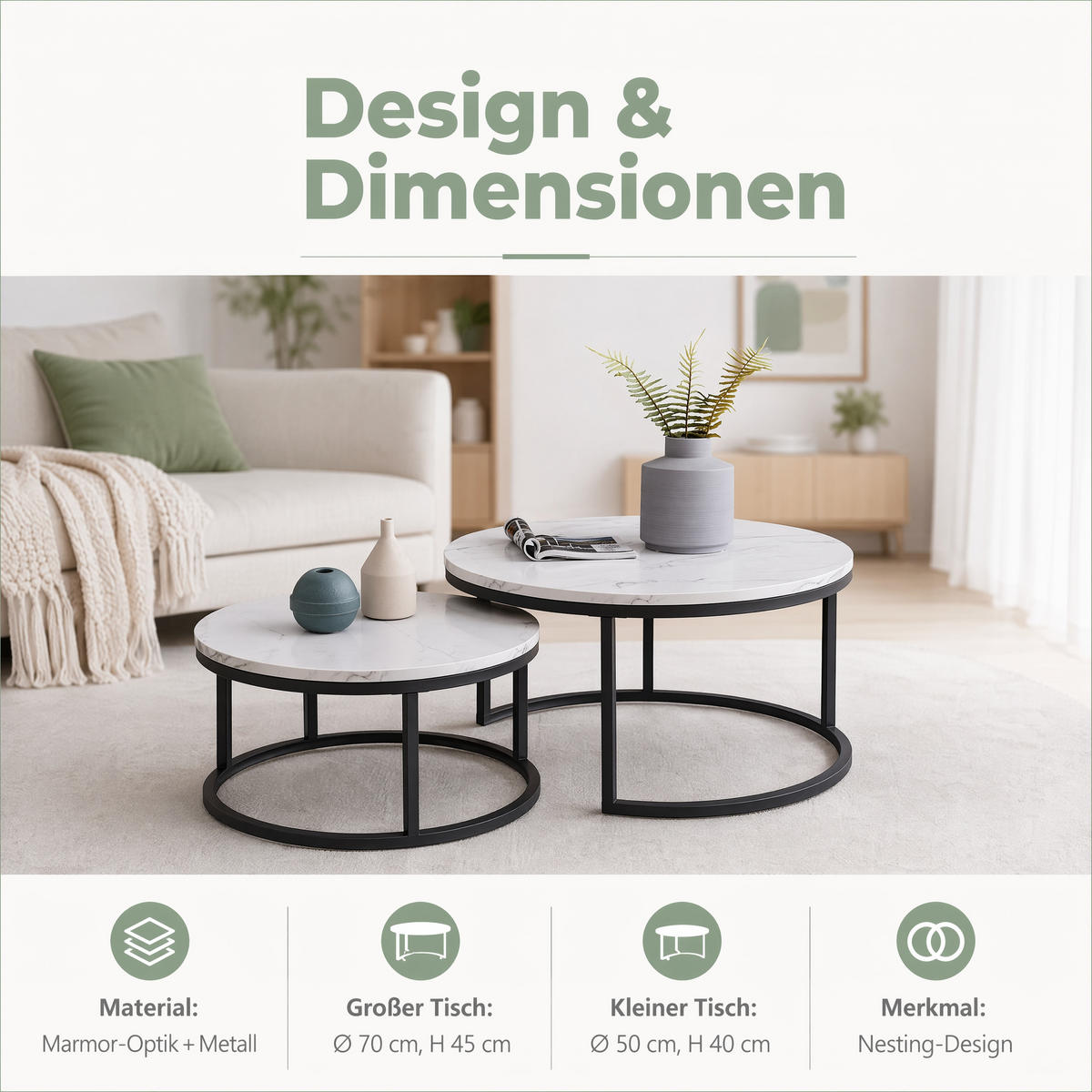 COUCHTISCH 2-TEILIG Rund Weiß Schwarz Metall Tischset Wohnzimmer - Multicolor, Holz (80/60/45cm) - SHOPENTRA