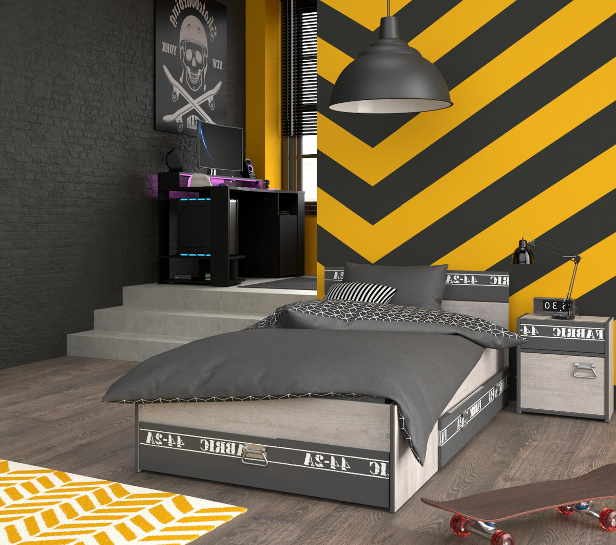 JUGENDZIMMER Set 3-tlg Gamingschreibtisch Bett 90 x 200 Nachttisch - Chromfarben/Eschefarben, Holzwerkstoff/Kunststoff (90/87/200cm) - Parisot Meuble