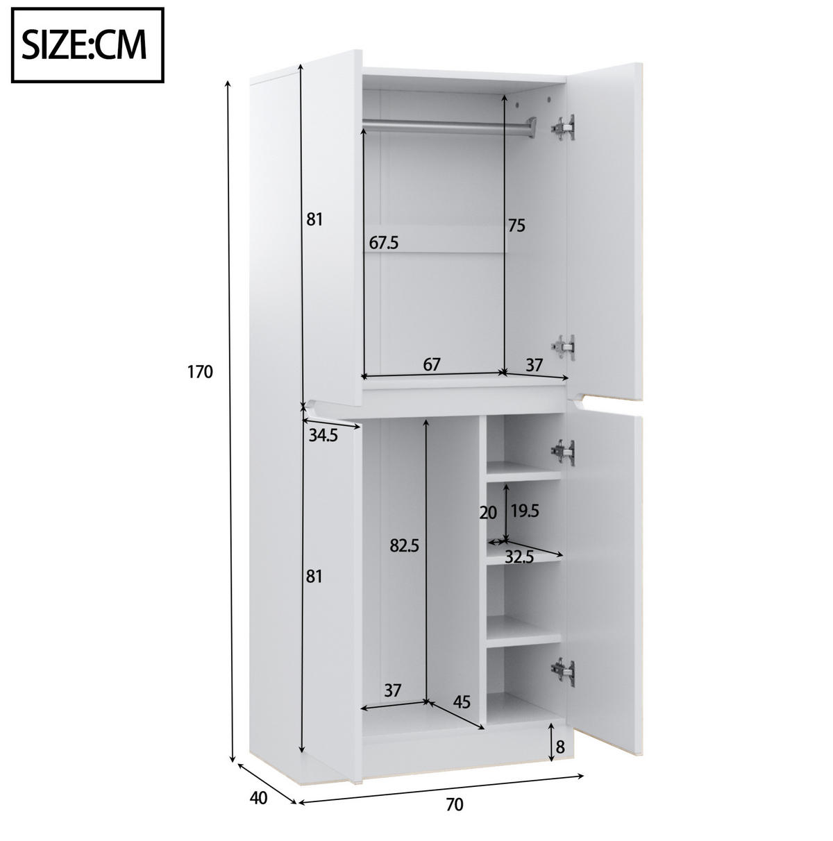 KLEIDERSCHRANK 70 x 40 x 170 cm aus Holz mit Doppeltür, Weiß - Weiß, Holz (40/170/70cm) - OKMYHOME