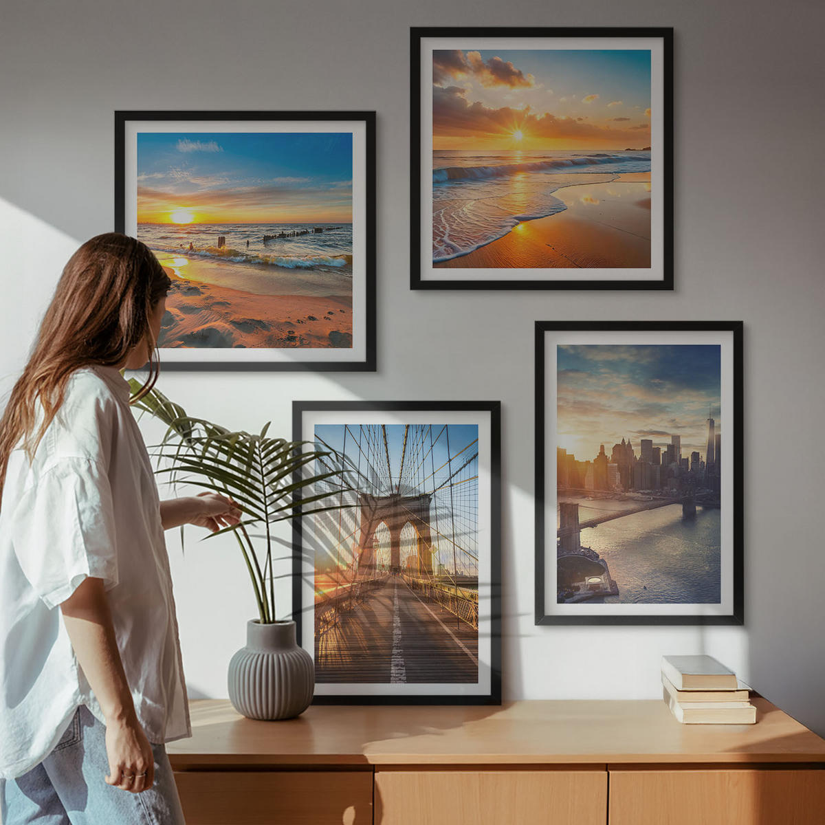 BILDER SET 4er Set - 50x50 cm & 40x60 cm Schwarzer Rahmen - Brücken, Sonnenuntergänge, Stadt - Schwarz, Kunststoff (50/50cm) - TULUP