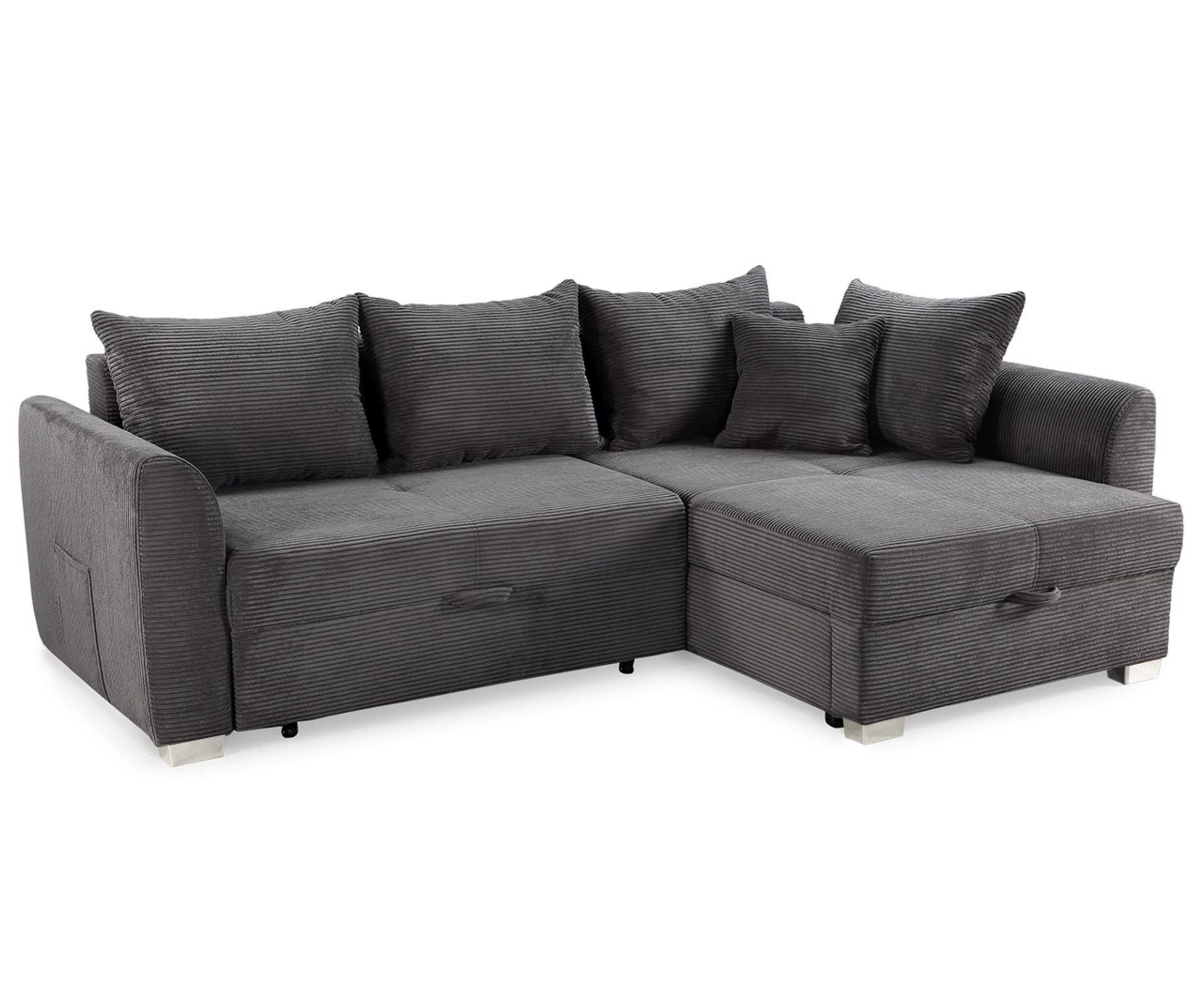 ECKSOFA mit Schlaffunktion und Bettkasten, seitenverkehrt montierbar B236/T160/H81 cm, Liegefl. 142x202 cm, Cord Grau Anthrazit / 15202 - Chromfarben/Schieferfarben, Kunststoff/Textil (236/160cm) - luma-home