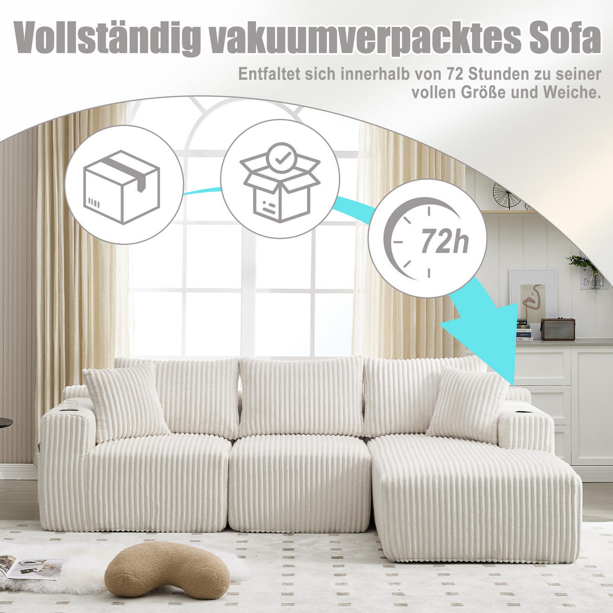 MODULARES Sofa Cord mit Chaiselongue und 2-Sitzer 257/90-160/62 cm Beige - Beige, Textil (160/257cm) - Redom