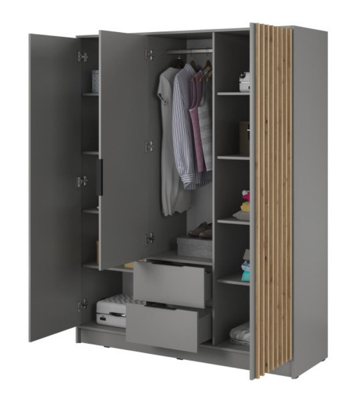 SCHRANK Grau KELLY Dreitürig Mit Lamellen 155 cm Mit Regalen - Grau, Holzwerkstoff (155/200/51cm) - Sepro Meble
