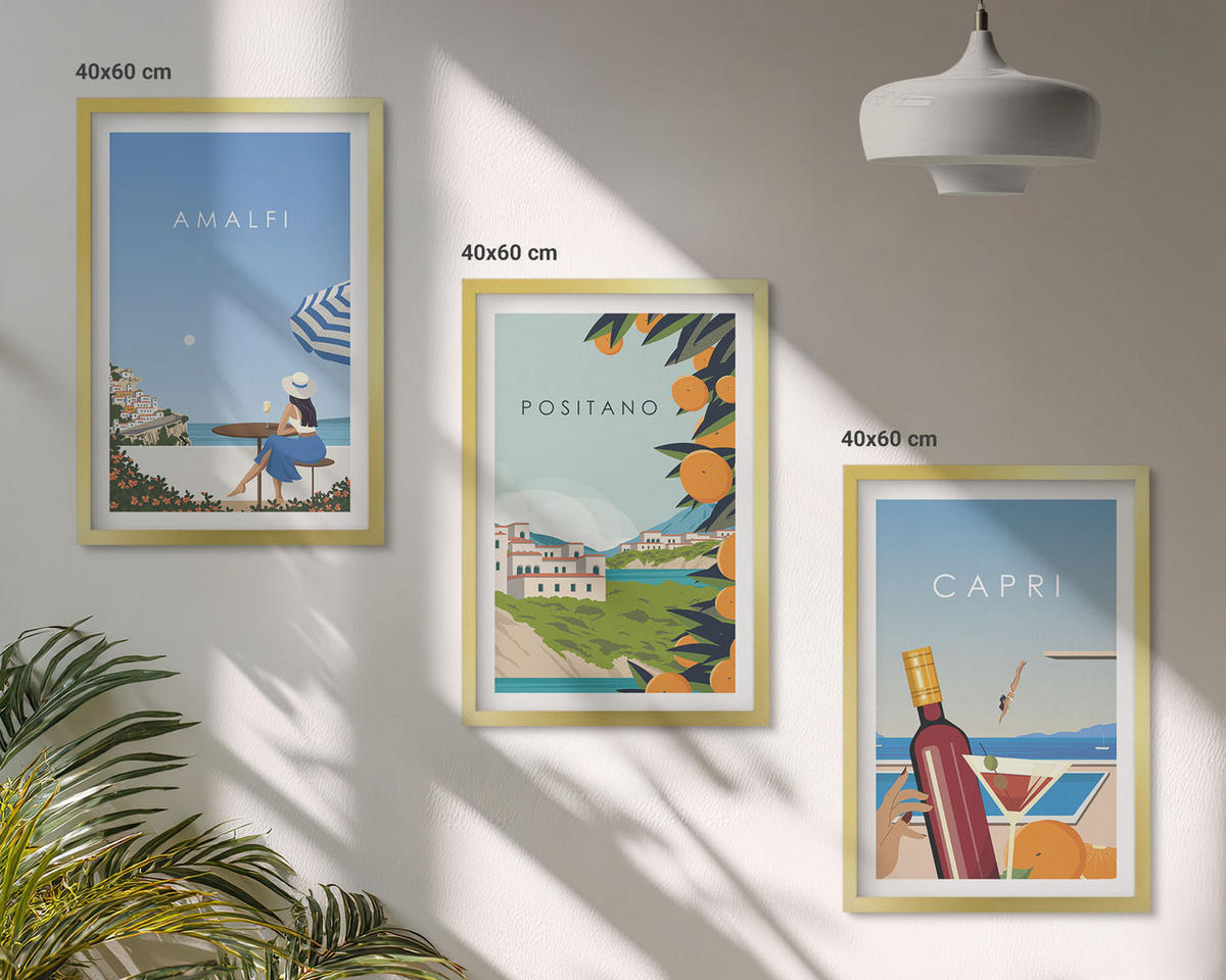 BILDER SET 3er Set - 40x60 cm Goldrahmen - Amalfi, Positano und Capri - Goldfarben, Kunststoff (40/60cm) - TULUP