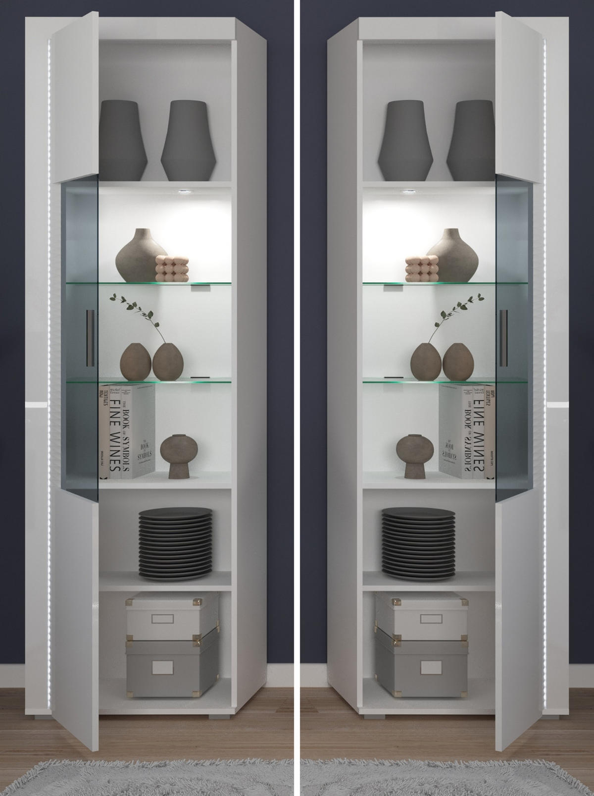 WOHNWAND weiß Hochglanz 330 cm, Soft-Close-Funktion, inkl. Beleuchtung - Weiß Hochglanz/Silberfarben, Glas/Holzwerkstoff (332/202/42cm) - Inn.Furn