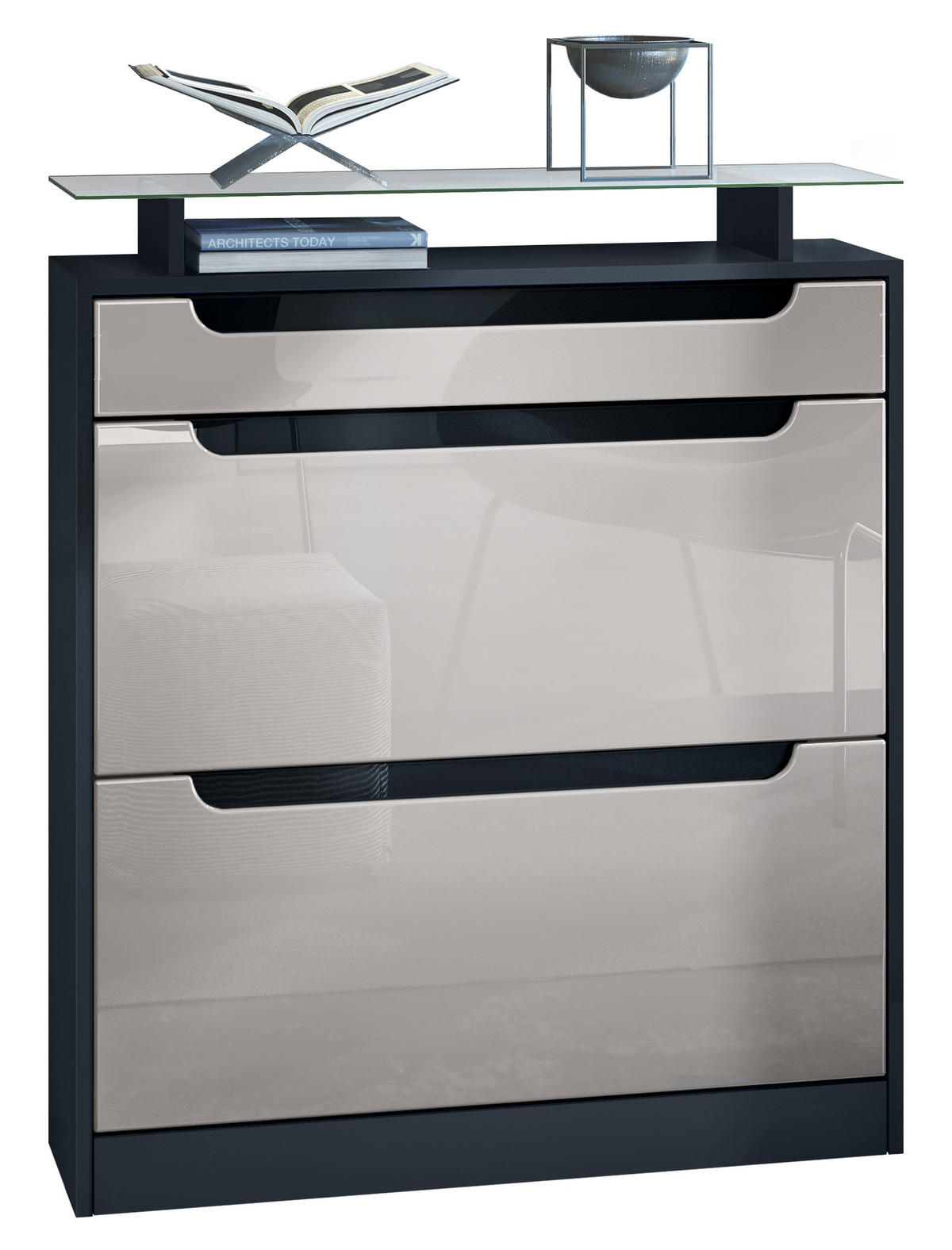 SCHUHSCHRANK Fiesta Sandgrau Hochglanz / Schwarz Hochglanz - Sandfarben, Holzwerkstoff (89/104/23cm) - Vladon