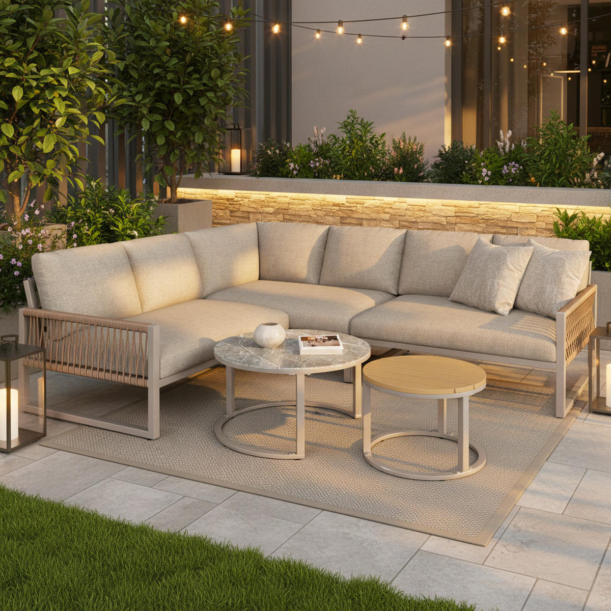 LOUNGEGARNITUR 5-tlg Beige Metall & Seil Ecksofa für 6–7 Personen mit 2 Couchtischen - Beige, Metall - Urban Meuble