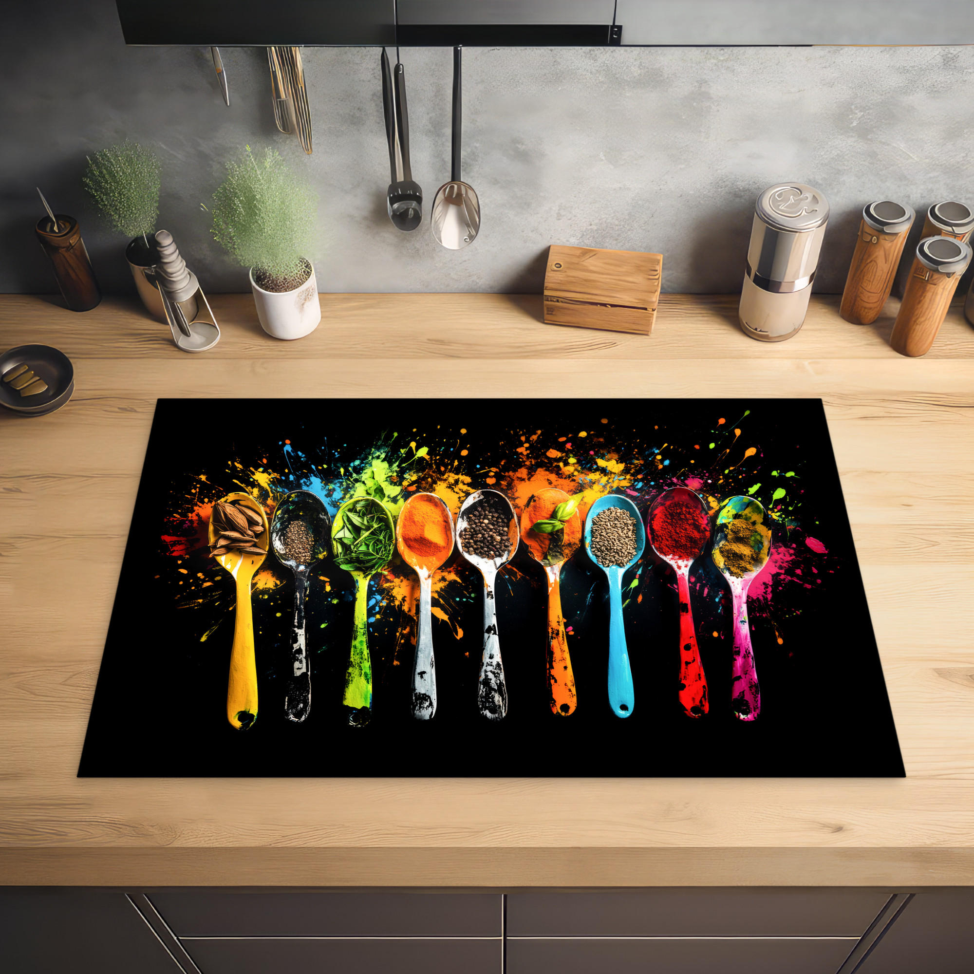 HERDABDECKPLATTE Löffel - Gewürze - Modern - Graffiti - Farbe - Farbenfroh 80x52 cm - Multicolor, Kunststoff (80/0.2/52cm) - MuchoWow