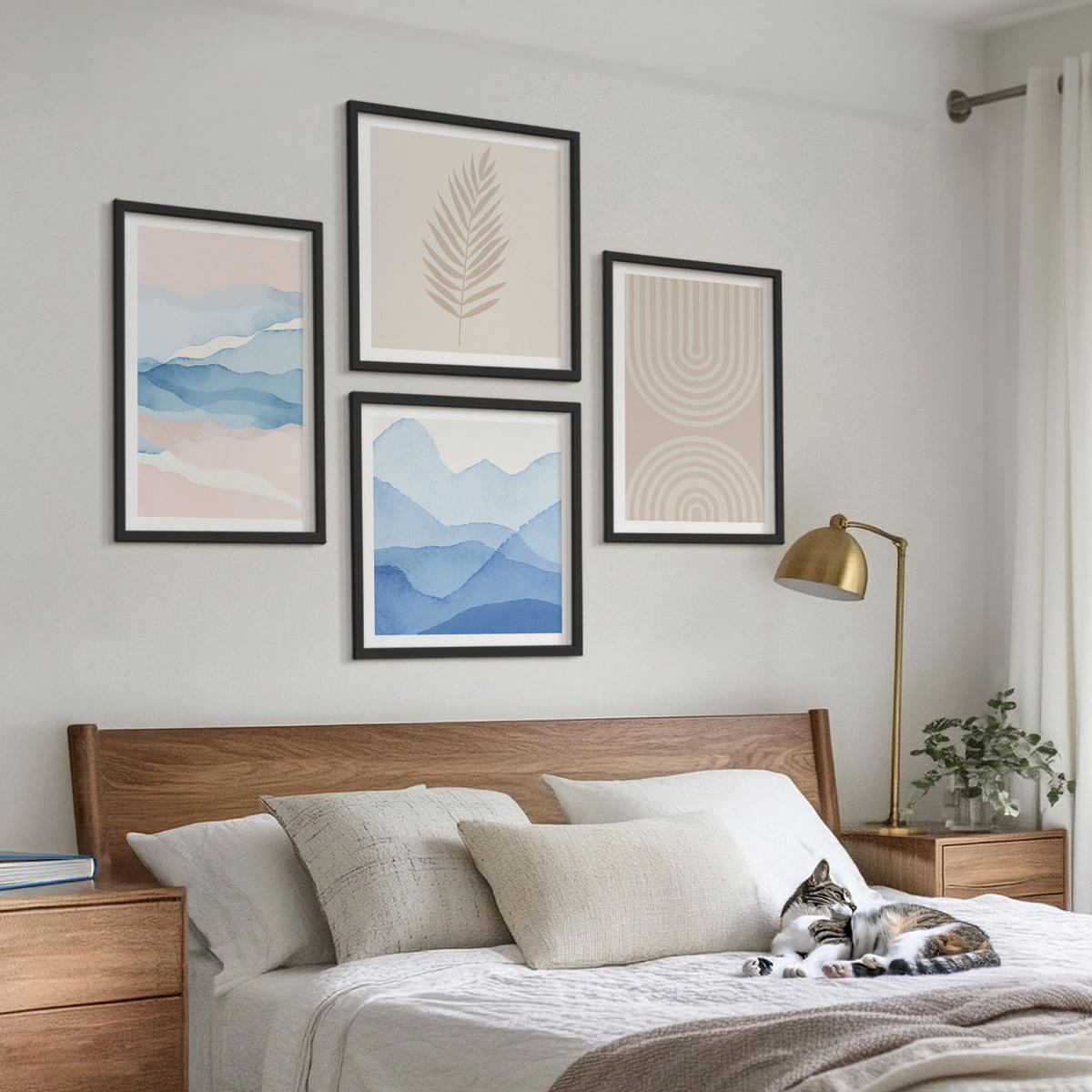 WANDBILDER 4er-Set - 50x50 cm & 40x60 cm Schwarzer Rahmen - Blätterwellen beige blau - Schwarz, Kunststoff (50/50cm) - ArtPrintCave