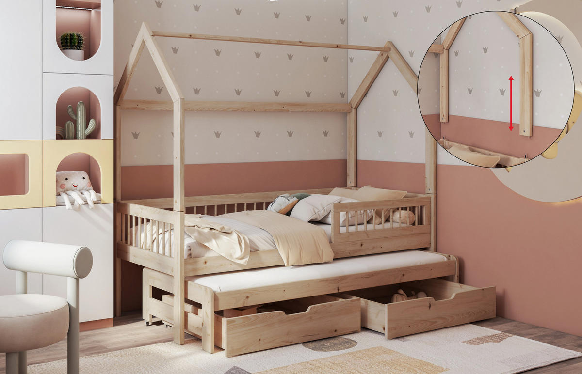 KINDERBETT 90x200 cm Farbe kiefer ASHER II Hausbett aus Massivholz mit Rausfallschutz, Gästebett, 2 Schubladen und 2 Matratzen - Braun, Holz (90/200cm)