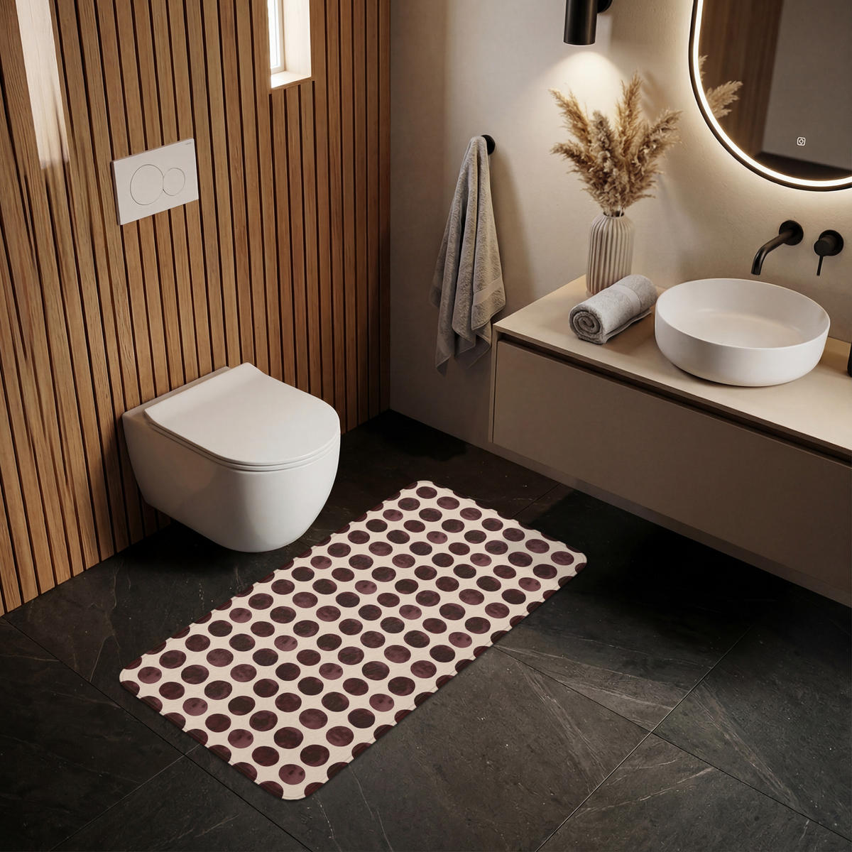 KOUPELNOVÁ PŘEDLOŽKA Puntíky - Vzor - Hnědý 120x60 cm - bordeaux, textil/plast (120/60cm)