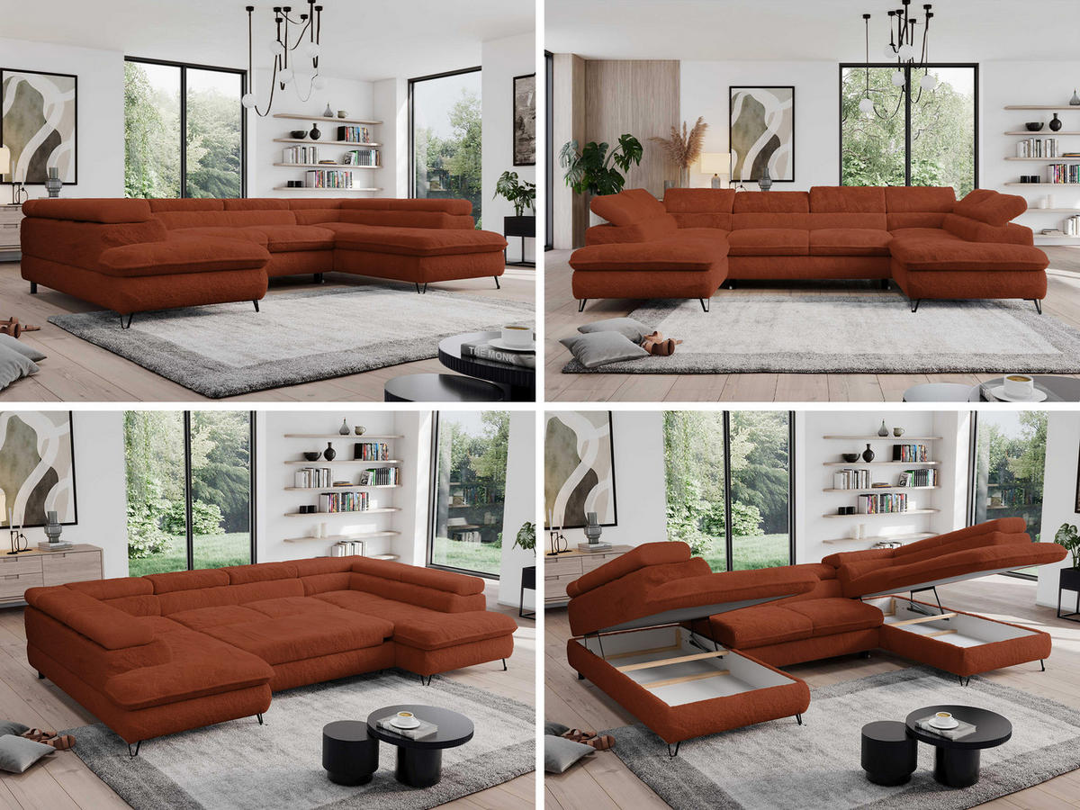 WOHNLANDSCHAFT PETER U Plüsch Orange - Schwarz/Orange, Textil/Metall (346/76/208cm) - MKS