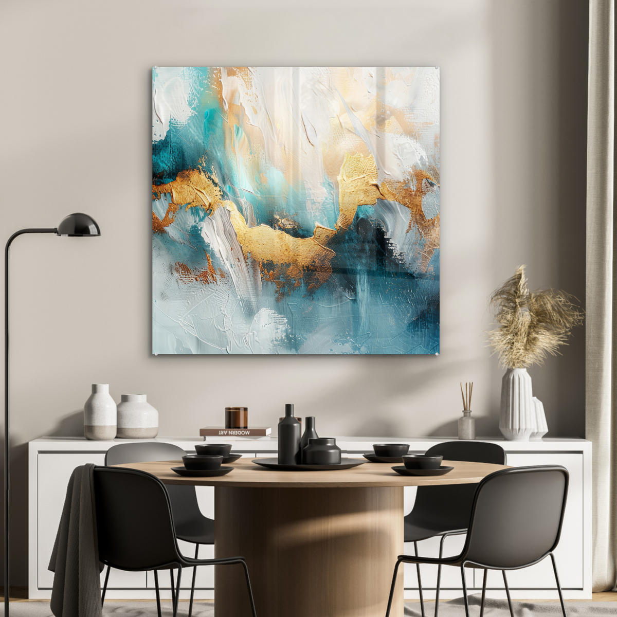 ACRYLGLASBILD Abstrakt - Kunst - Gold - Blau 90x90 cm - Petrol, Glas (90/90cm) - MuchoWow