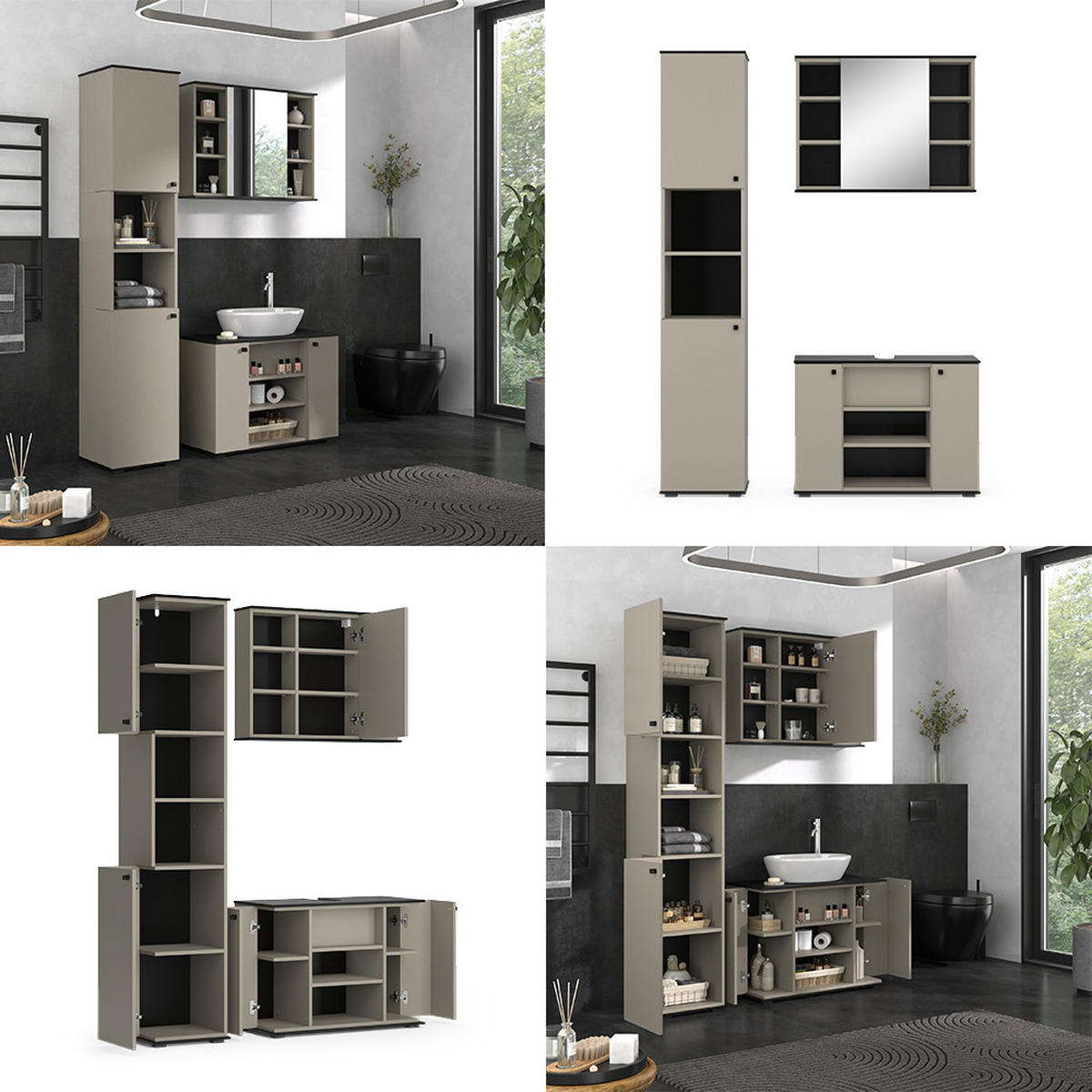 BADMÖBEL-SET Joli Greige 3 Teile, mit Hochschrank - Greige/Schwarz, Holzwerkstoff (80/59/37cm) - Vicco