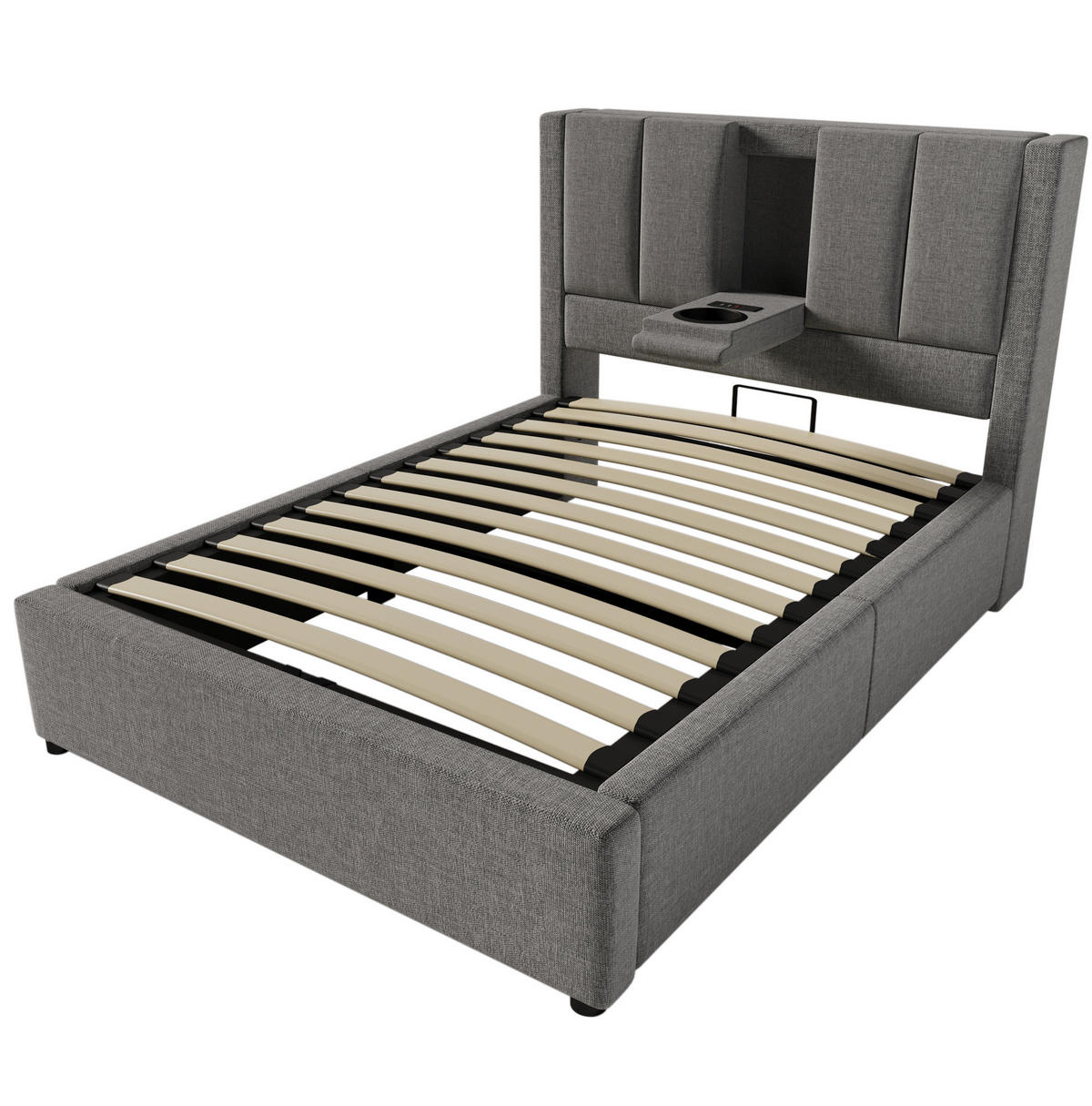 POLNJENA postelja iz lanu 90x200 cm siva s skritim držalom za skodelico, USB/Type-C polnilno postajo in hidravličnim prostorom - siva, tekstil (90/200cm) - Modfu