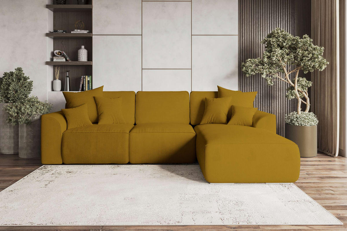 ECKSOFA GUSTO Cordstoff Goldfarben Rechts inkl. Schlaffunktion - Chromfarben/Goldfarben, Kunststoff/Textil (295/194cm) - 99rooms