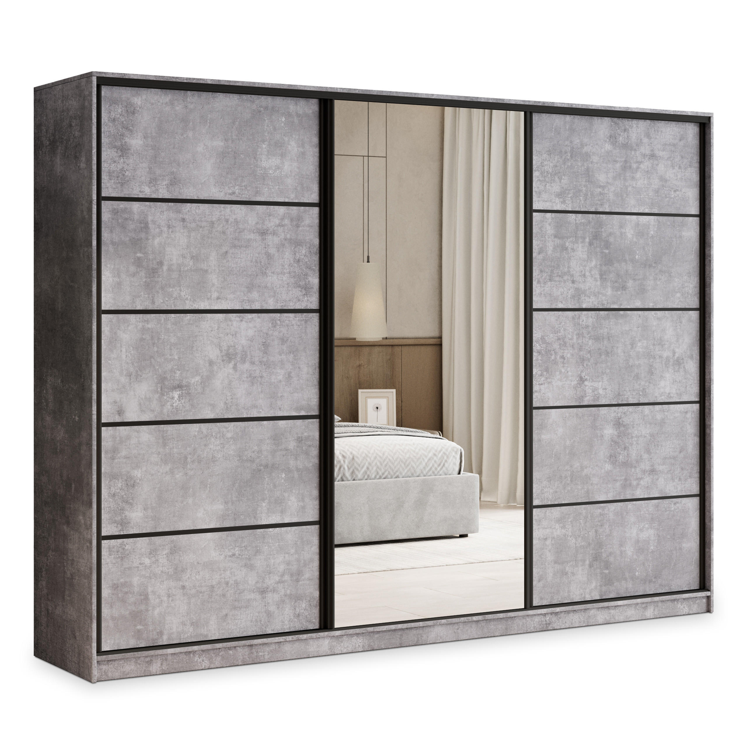 SCHWEBETÜRENSCHRANK PINA 250/205/58 cm 3-türig mit Spiegel und Schubladen Titanfarben - Titanfarben/Schwarz, Holzwerkstoff (250/205/58cm) - MASSENO