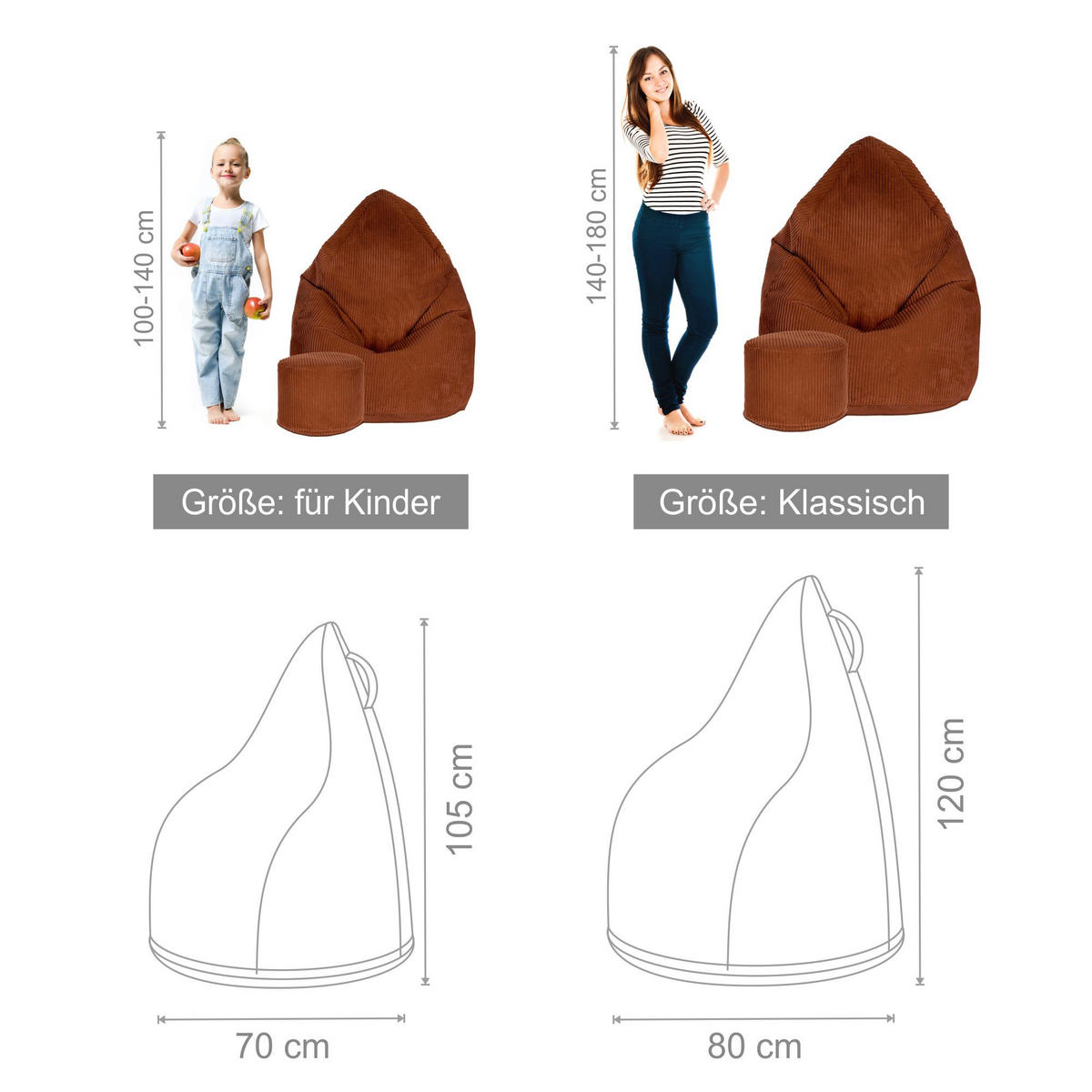 SITZSACK MIT FUßSTÜTZE Kordsamt 2-tlg Indian tan S - Rotbraun/Braun, Textil (70/105cm) - Dreamroots