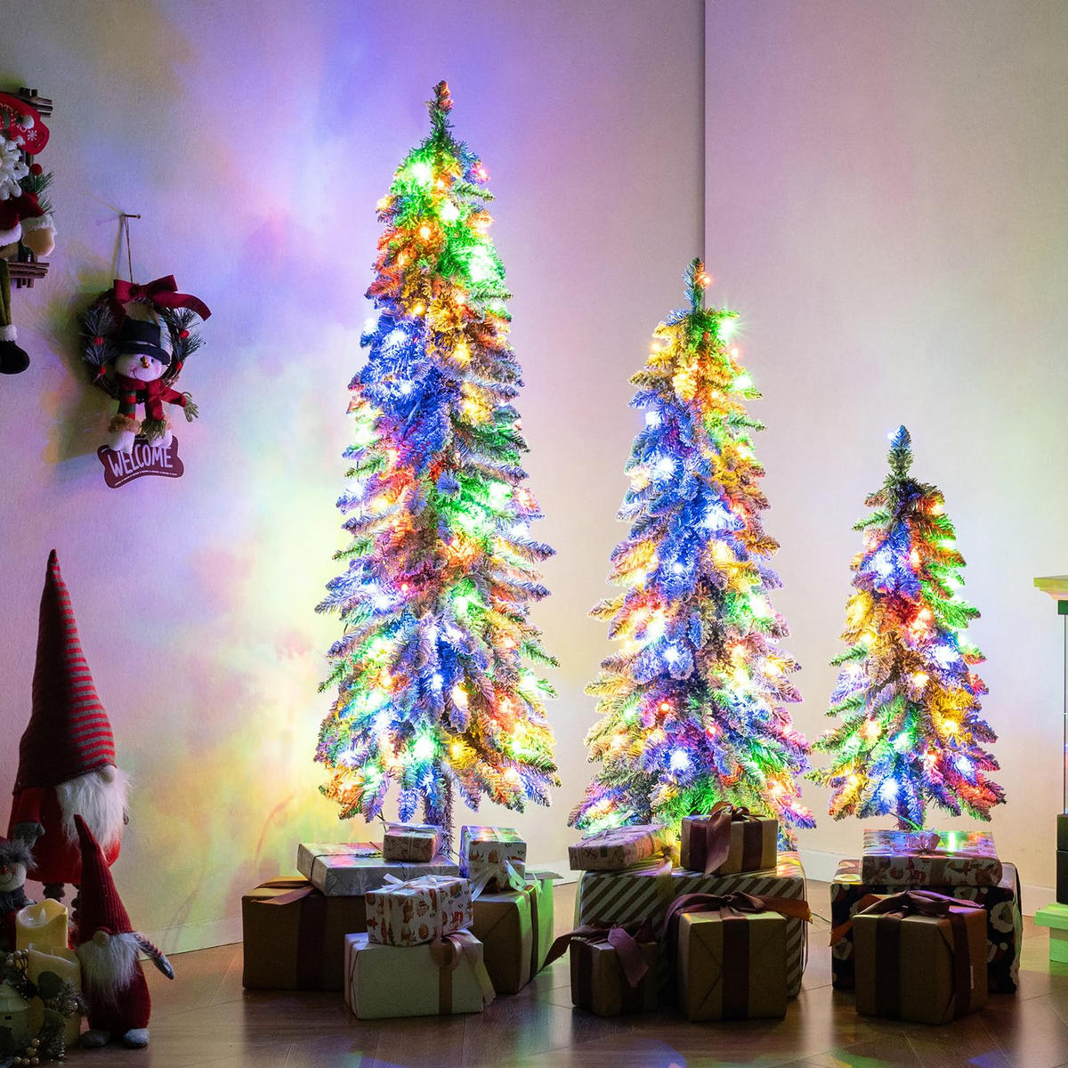 WEIHNACHTSBAUM Tannenform mit Beleuchtung und Schnee 90/120/150 cm weiß(3-tlg) - Weiß, Metall (150cm) - COSTWAY