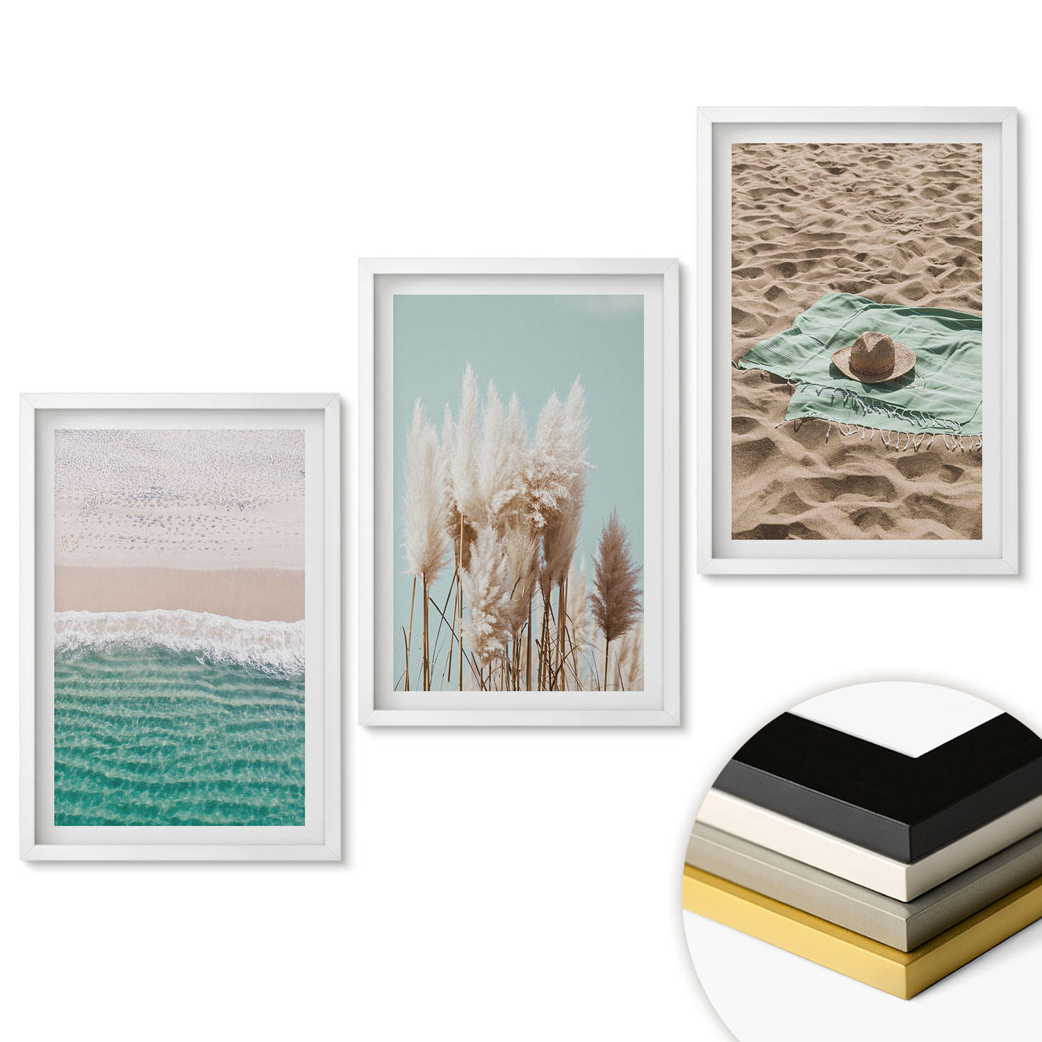 WANDBILDER 3er-Set - 40x60 cm Weißer Rahmen - Strandwellen Grashut - Weiß, Kunststoff (40/60cm) - ArtPrintCave