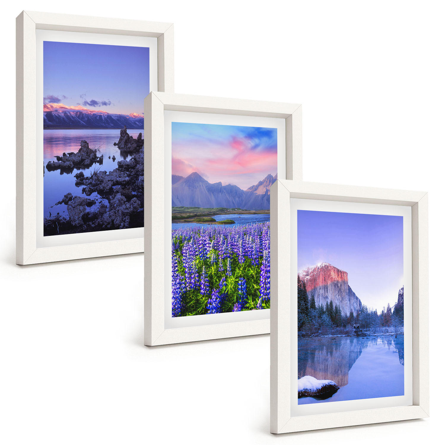 BILDER SET 3er Set - 20x30 cm Weißer Rahmen - Berglandschaften mit Wasser und Himmel - Weiß, Kunststoff (20/30cm) - TULUP