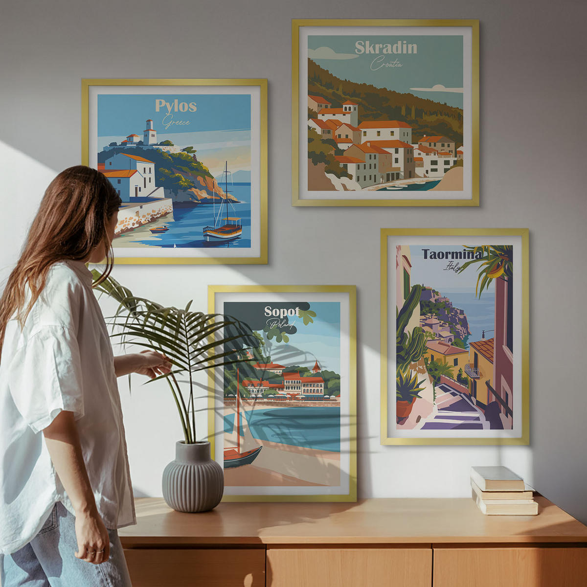 WANDBILDER 4er Set - 50x50 cm & 40x60 cm Goldrahmen - Illustrationen von Küstenstädten - Goldfarben, Kunststoff (50/50cm) - ArtPrintCave