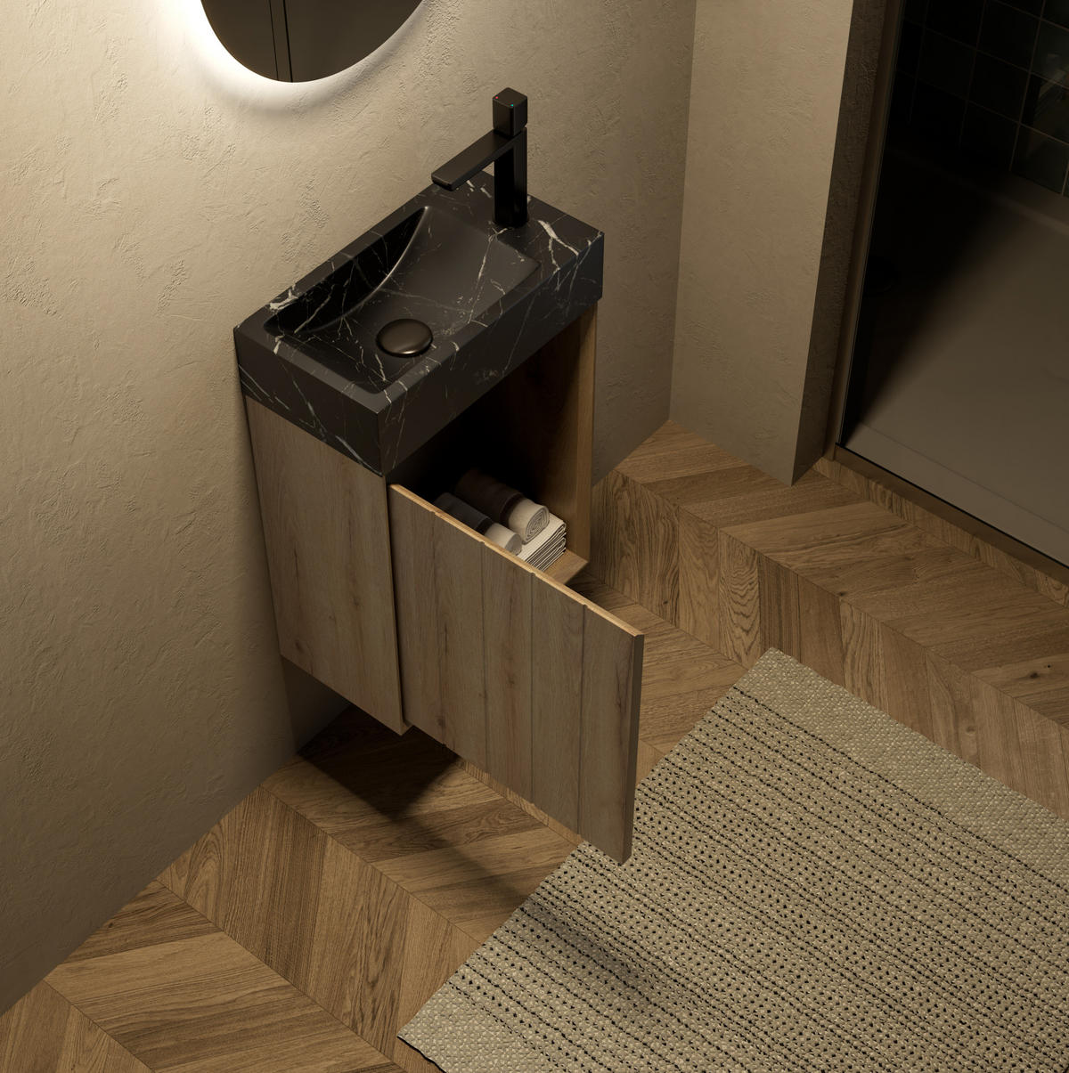 WASCHTISCH mit Marmorbecken kompakte Größe Marmor White Oak - Schwarz, Holzwerkstoff (22/58/40cm) - Beauniv