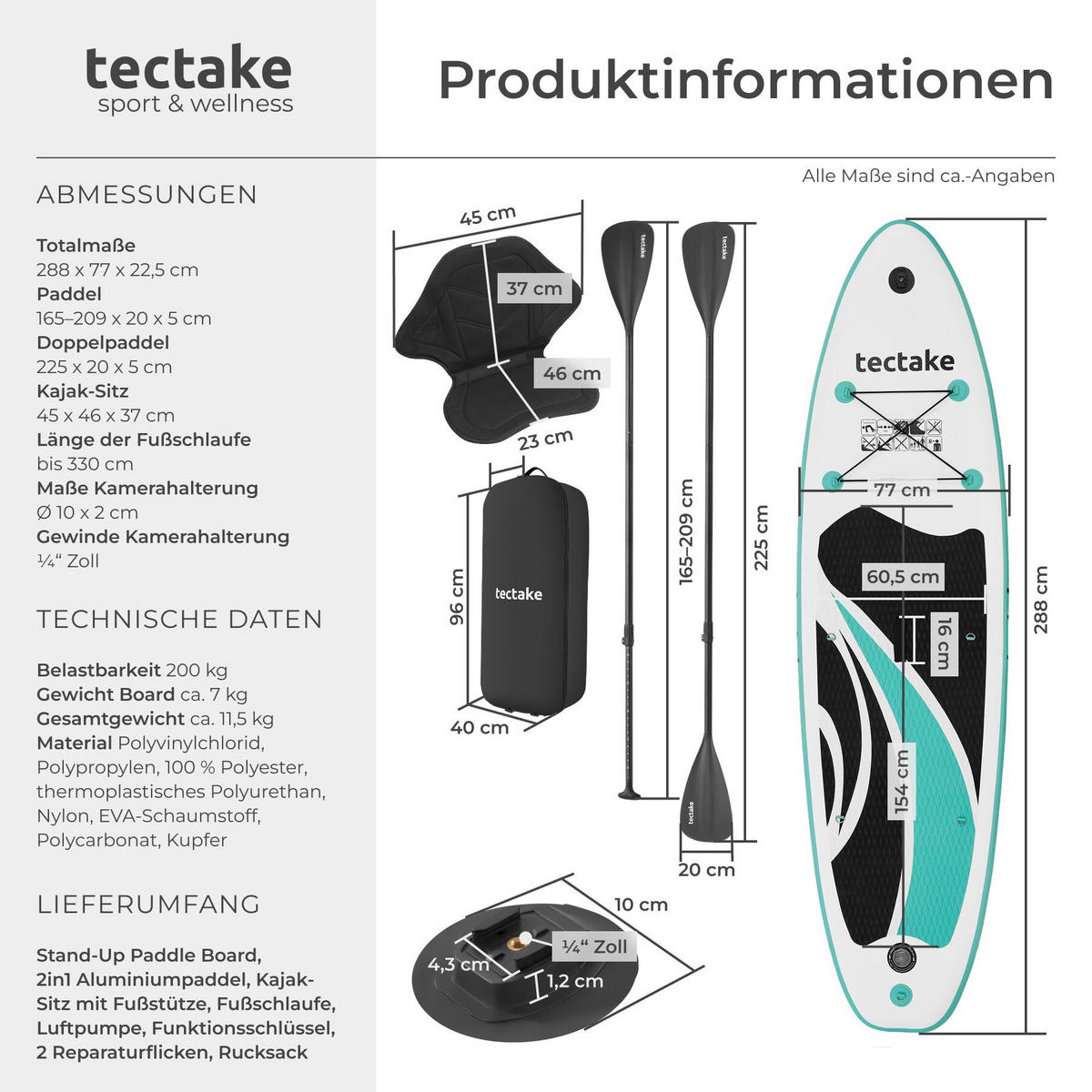 STAND-UP PADDLE BOARD Zenon, Belastbarkeit 200 kg, inklusive Kajak-Sitz, weiß/türkis - Weiß, Kunststoff (288/77/0.23cm) - tectake