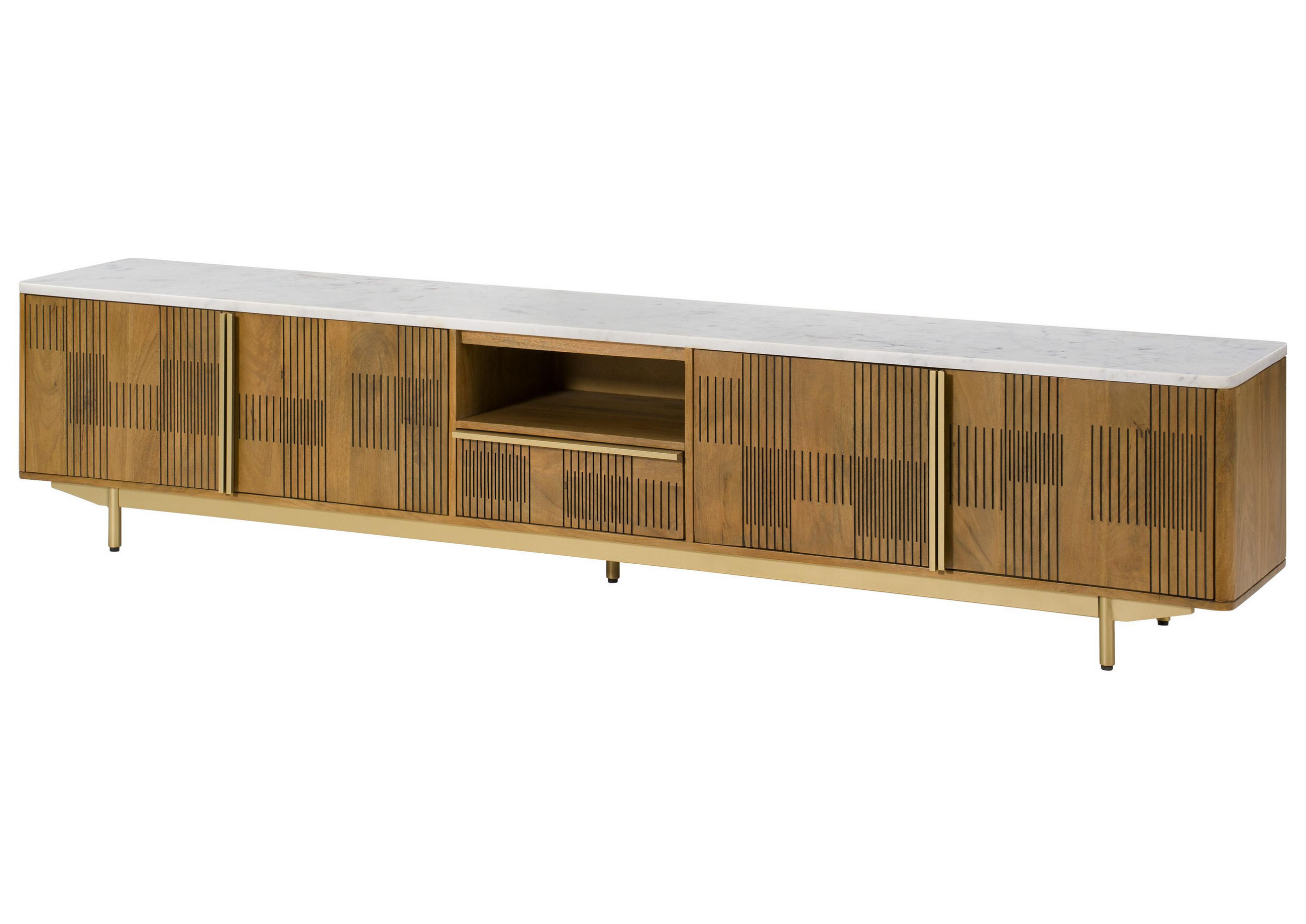 TV-BOARD Mango 240x40x50 hellbraun geölt / Marmor weiß MIAMI #107 - Braun, Holz (240/50/40cm) - Massivmoebel24
