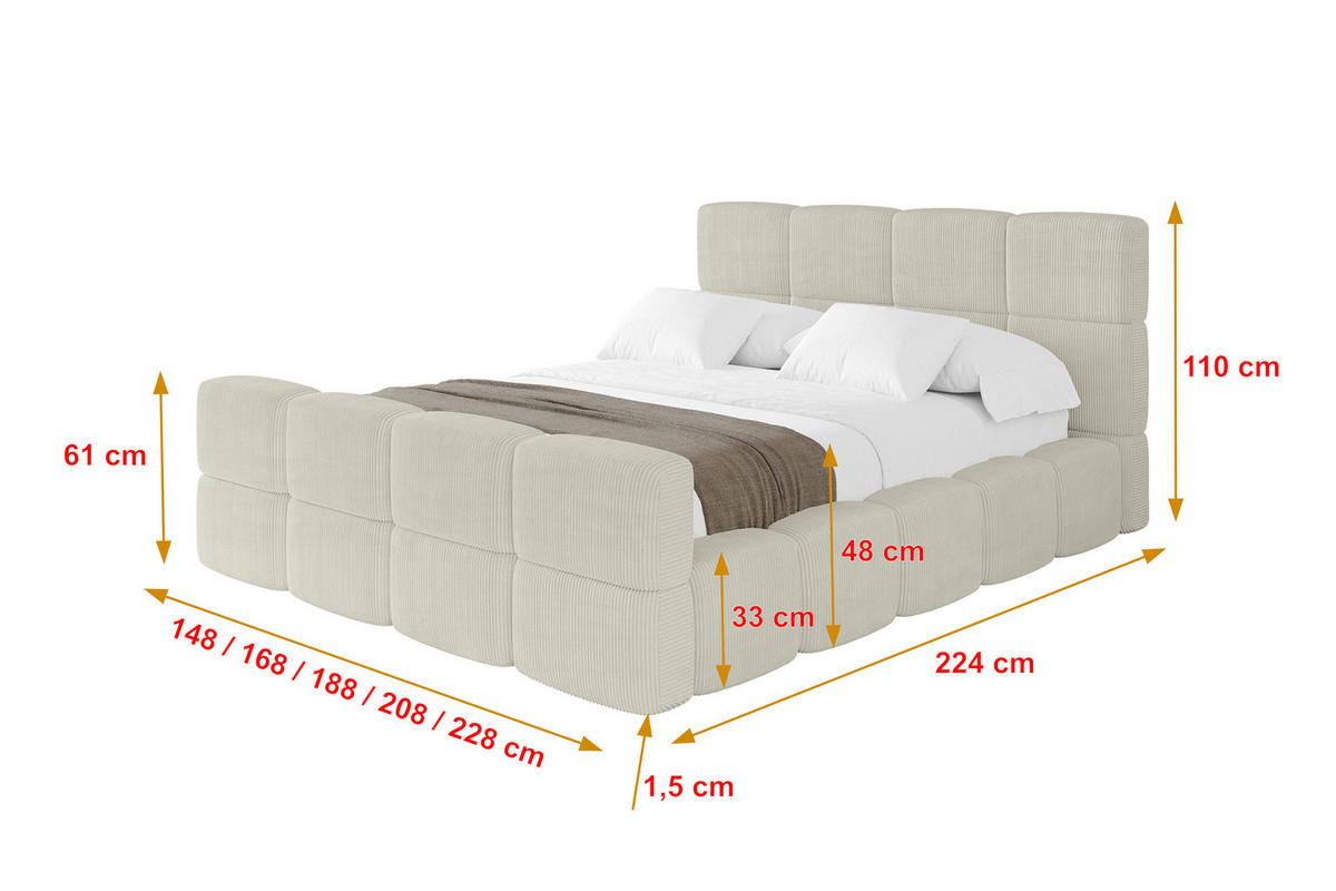 POLSTERBETT mit Bettkasten und Lattenrost, Bett mit Kopfteil, Boxbett ohne Matratze, Doppelbett mit Stauraum - NATA-Z 120x200 Creme - Ecru, Holzwerkstoff/Textil (120/200cm) - ALTDECOR