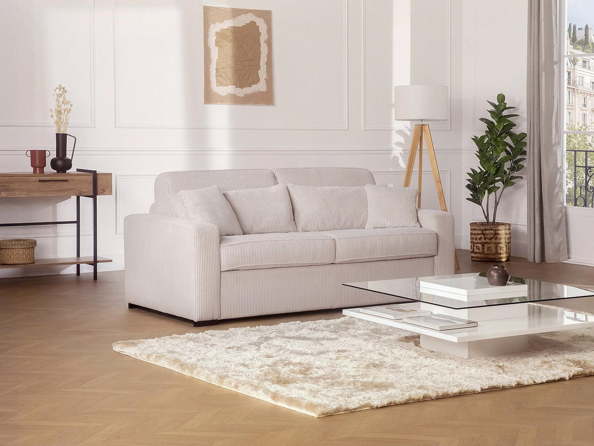 SCHLAFSOFA mit Matratze 3-Sitzer - Liegefläche 140 cm - Matratze 16 cm - Cord - beige - MONDOVI - Beige, Textil (194/90/208cm) - Vente-Unique