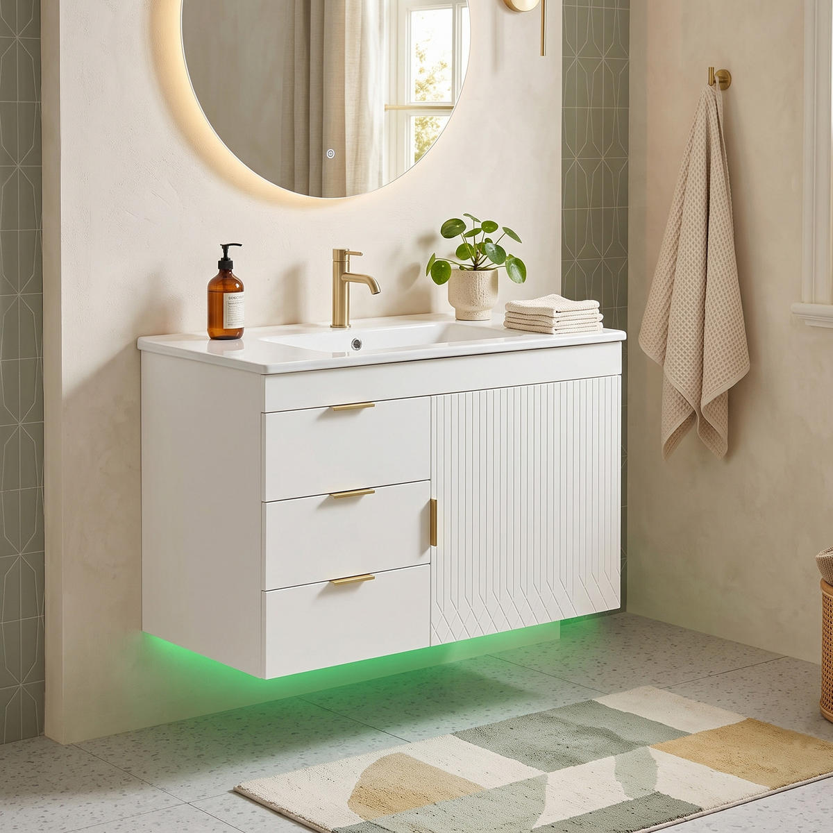 KOUPELNOVÁ SKŘÍŇKA S UMYVADLEM Závěsná, bílá, LED a ovládání aplikací - bílá, kompozitní dřevo (76/51/46cm) - Urban Meuble