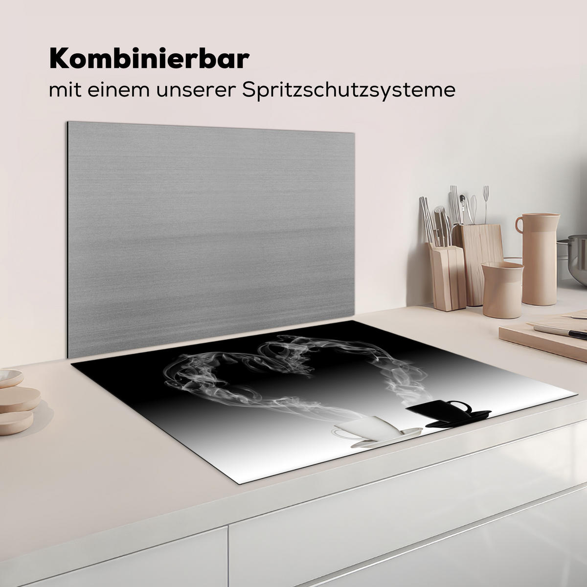 HERDABDECKPLATTE Kaffee - Herz - Schwarz und weiß - Tassen Induktionsmatte 77x59 cm - Weiß, Kunststoff (77/59/0.2cm) - MuchoWow