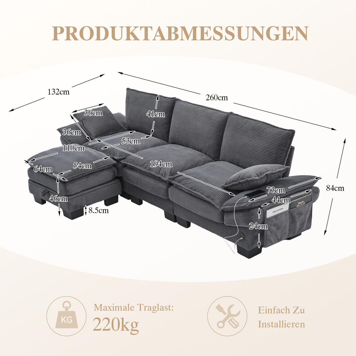 ECKSOFA aus Cord 260x132x84 cm in Dunkelgrau mit USB-C & Hocker - Dunkelgrau, Textil (132/260cm) - Modfu
