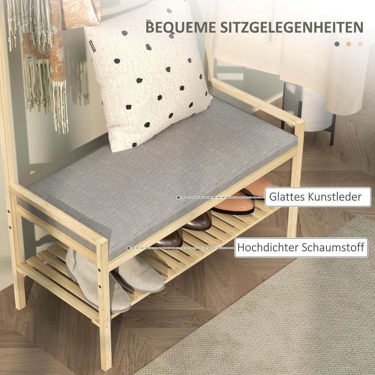 GARDEROBENSTÄNDER mit Schuhbank, Kleiderständer mit Haken, Schuhregal, Natur - Naturfarben, Naturmaterialen (34/171/73.5cm) - HOMCOM
