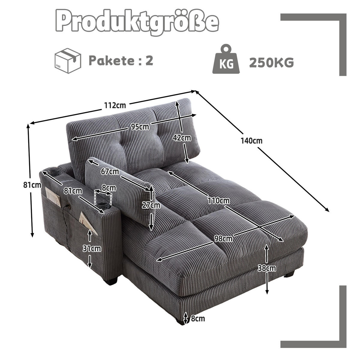 RÉCAMIERE 2-Sitzer Cord Grau mit USB, Getränkehaltern und Seitentasche - Grau, Holzwerkstoff/Kunststoff (140/81/121cm) - WISHDOR