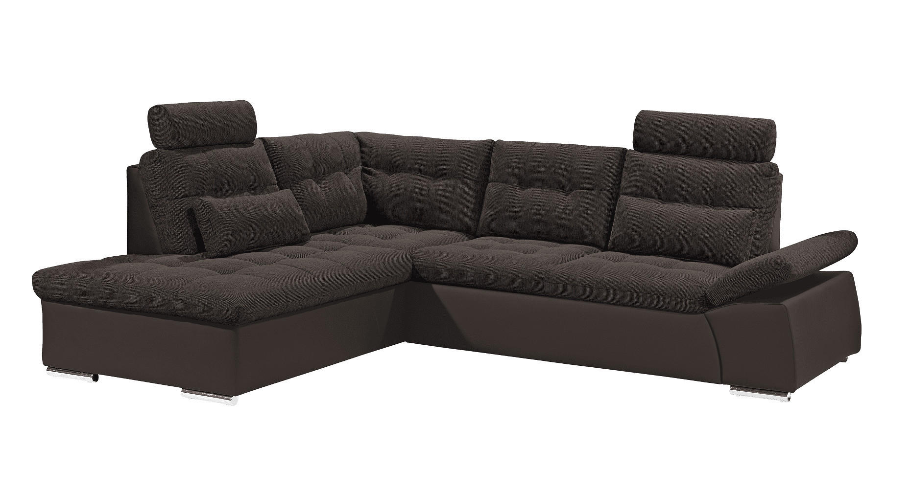 ECKSOFA mit Schlaffunktion, Armlehnfunktion und Kopfstützen - Chromfarben/Dunkelbraun, Textil (260/219cm) - ed exciting design