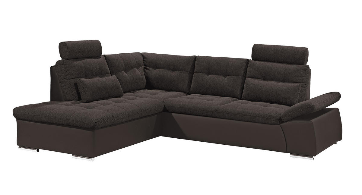 ECKSOFA mit Schlaffunktion, Armlehnfunktion und Kopfstützen - Chromfarben/Dunkelbraun, Textil (260/219cm) - ed exciting design