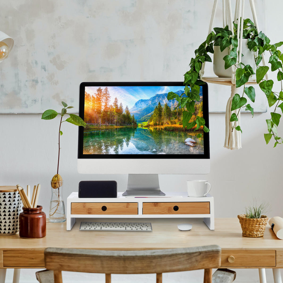 MONITORSTÄNDER Weiß Natur 2-Schubladen 12x56x27 cm - Multicolor, Holz/Holzwerkstoff (27/56/12cm) - Relaxdays