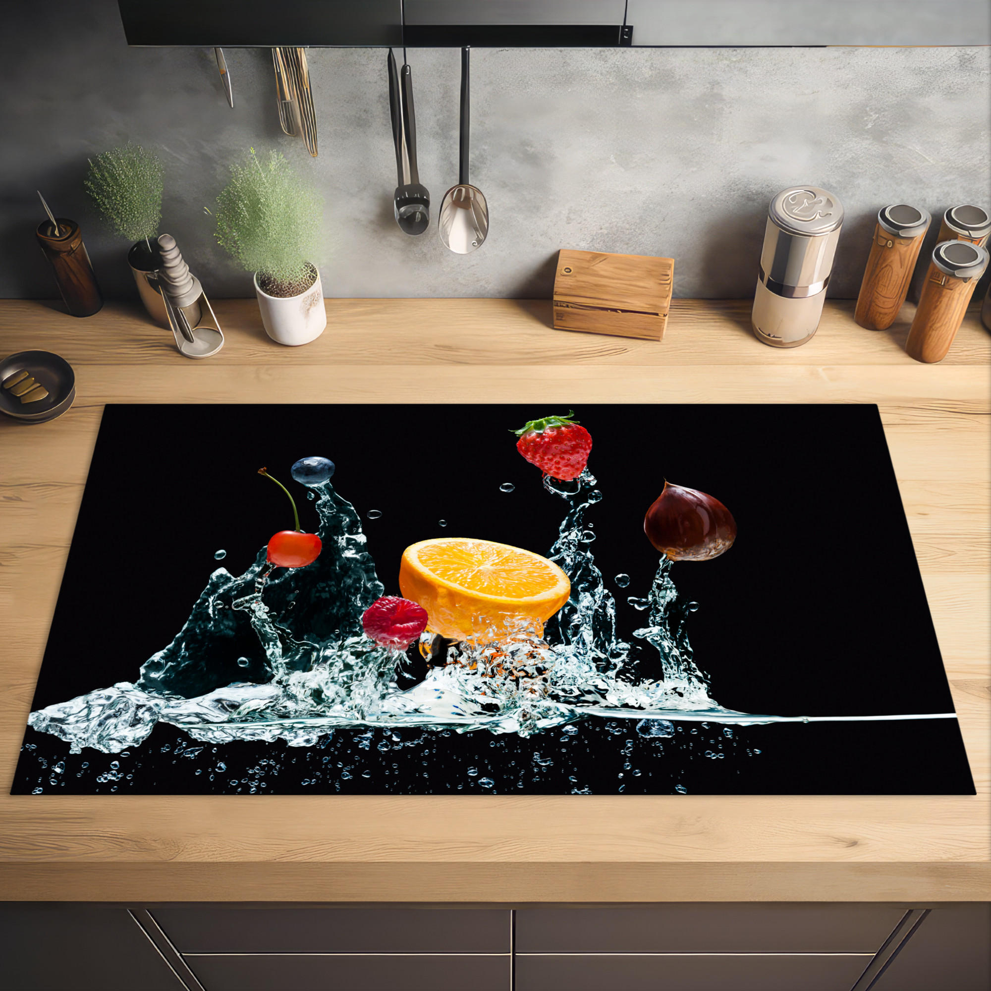 HERDABDECKPLATTE Wasser - Obst - Orange - Erdbeere - Kirsche - Schwarz 91x52 cm - Orange, Kunststoff (91.2/0.2/52cm) - MuchoWow