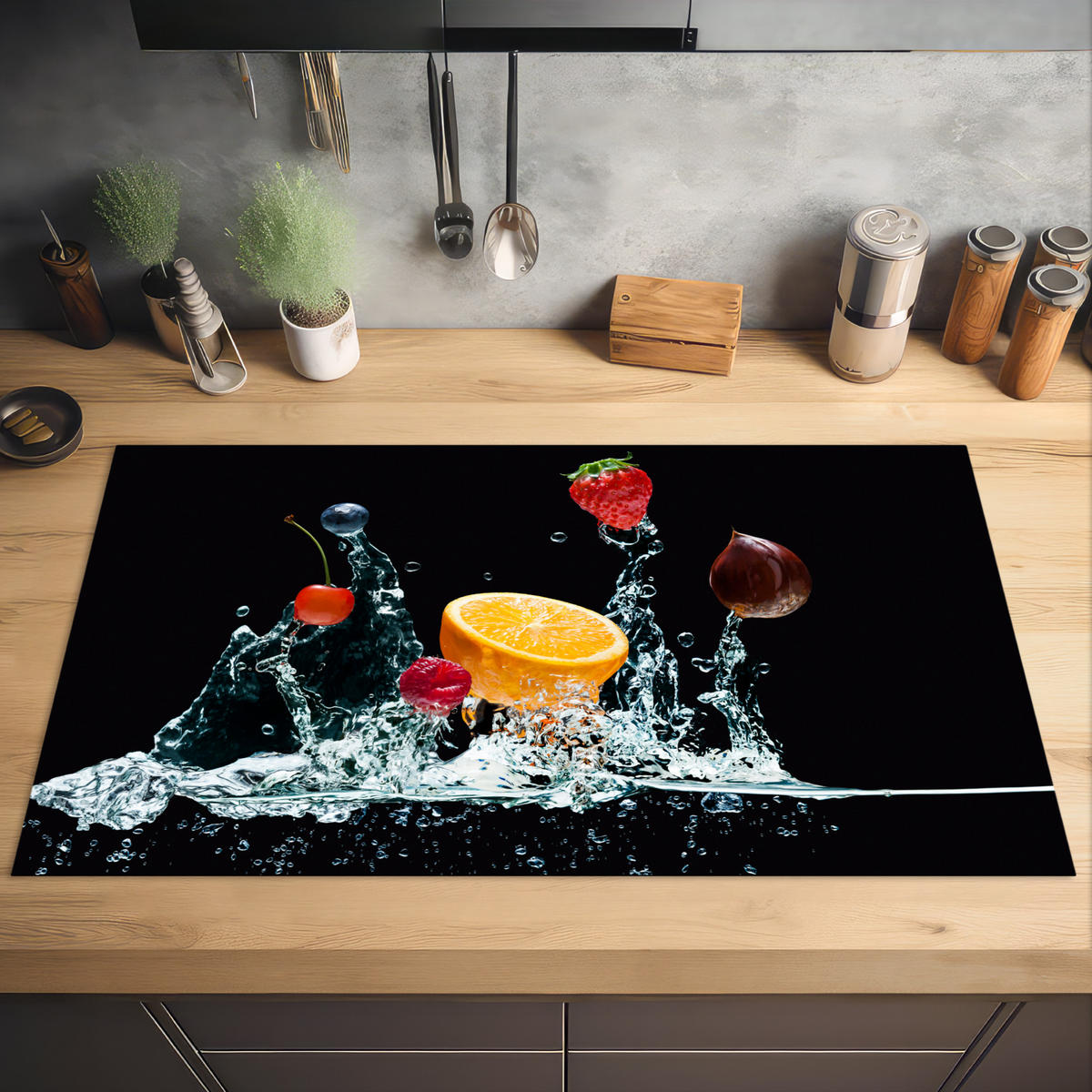 HERDABDECKPLATTE Wasser - Obst - Orange - Erdbeere - Kirsche - Schwarz 91x52 cm - Orange, Kunststoff (91.2/0.2/52cm) - MuchoWow