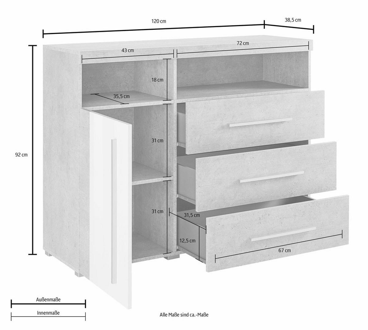 SIDEBOARD Rennes Andersen Pinie / Sonoma Trüffel 120 / 38,5 / 92cm - Multicolor/Weiß, Holzwerkstoff/Kunststoff (120/92/38.5cm) - Feldmann-Wohnen