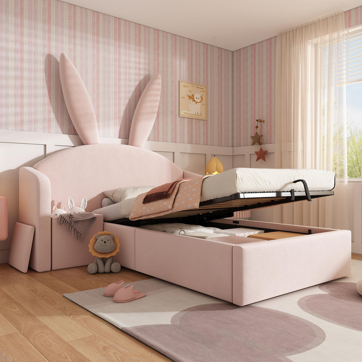 POLSTERBETT 90/190 cm, Rosa mit Nachttisch und Stauraum ohne Matratze - Rosa, Textil (90/190cm) - MIVRAY