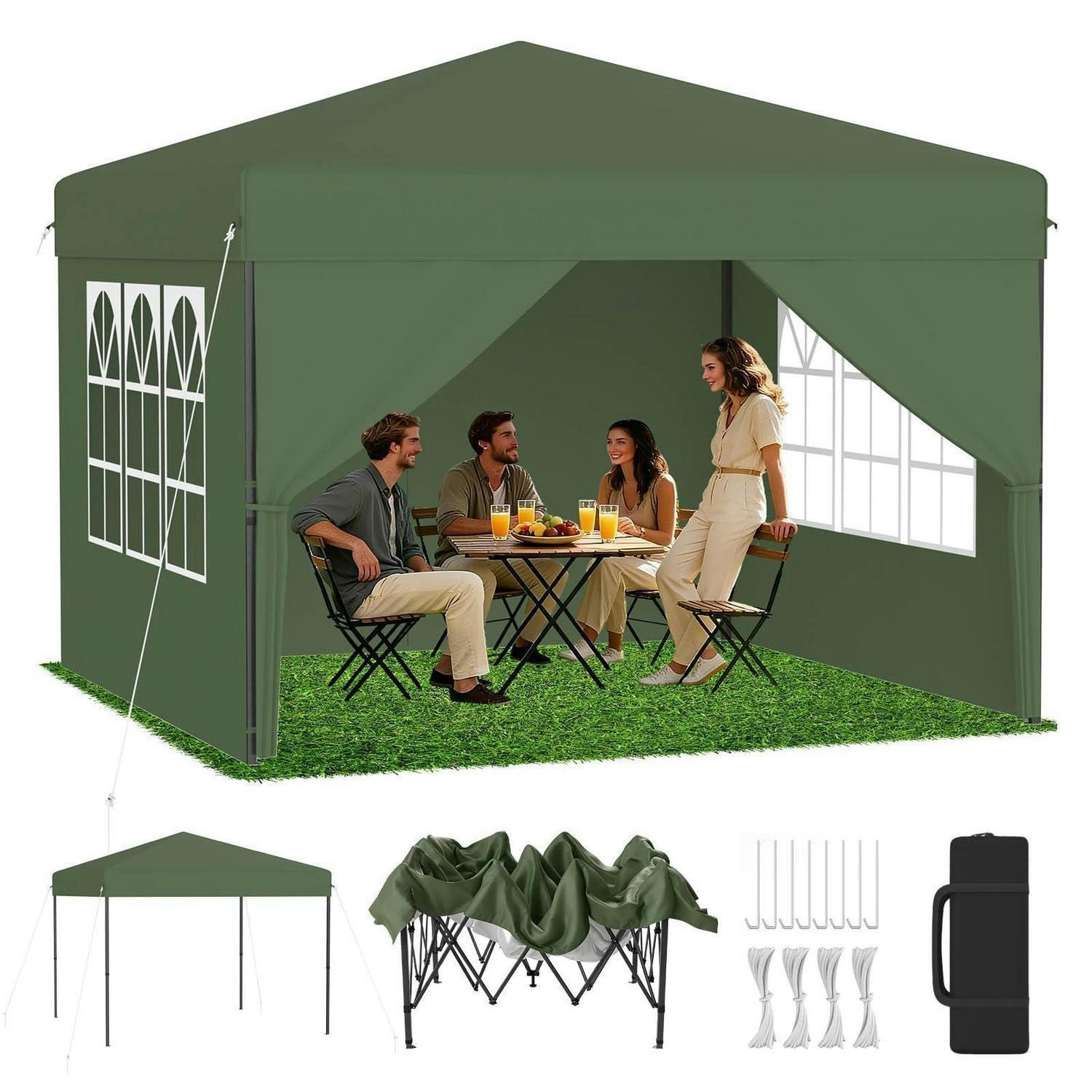 FALTPAVILLON 3x3 m mit Seitenwänden Grün - Grün, Textil (300/260/300cm)