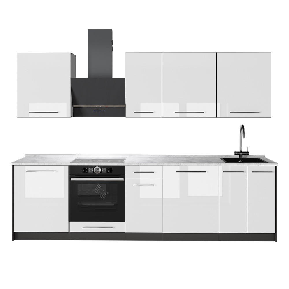 KÜCHENZEILE Fame-Line, Weiß Hochglanz/Anthrazit, 280 cm, AP Marmor - Weiß Hochglanz/Anthrazit, Holzwerkstoff (280/206.8/60cm) - Vicco