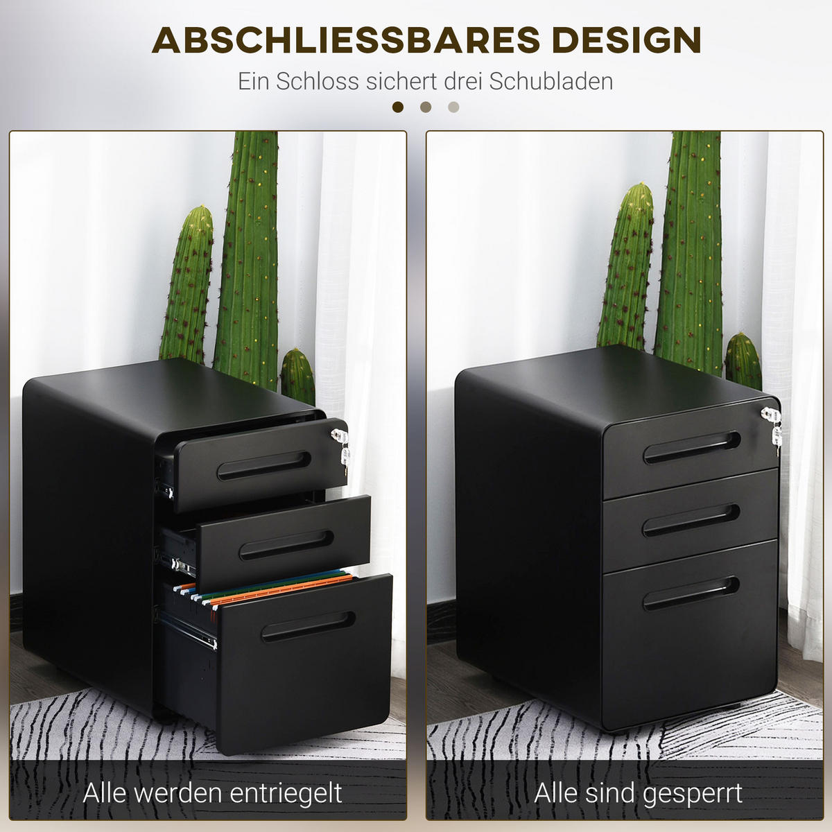 AKTENSCHRANK mit 3 Schubladen, Stahl, Weiß, 39 x 48 x 59 cm - Schwarz, Metall (48/59/39cm) - Vinsetto