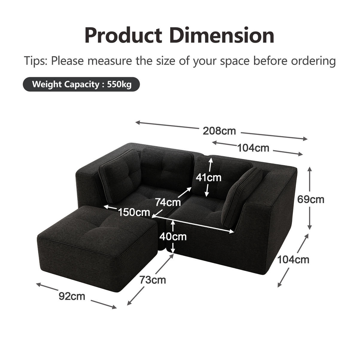 ECKSOFA modular rahmenlos Cord Black - Schwarz, Kunststoff (177/208cm) - Meubliv