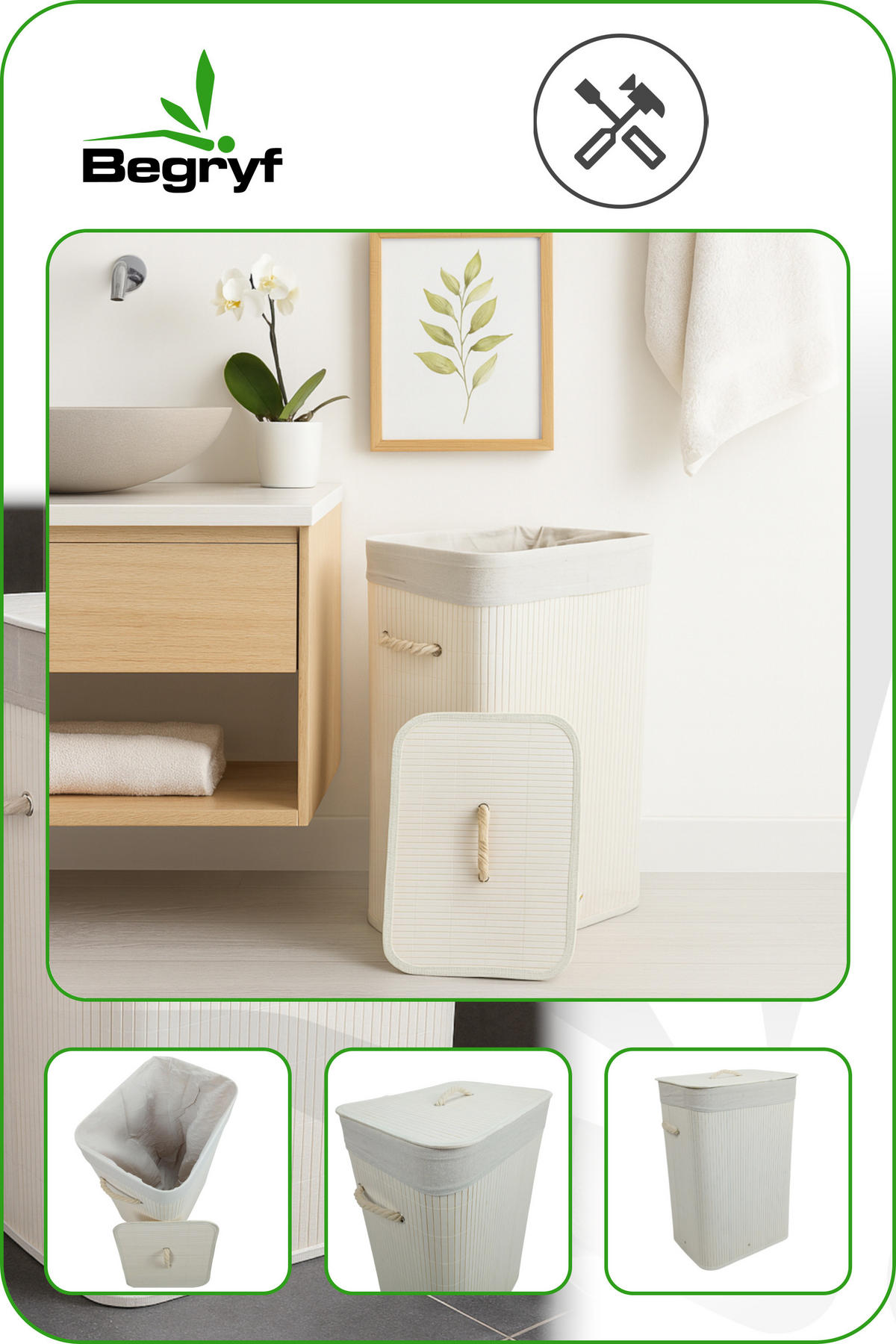 WÄSCHEKORB Bambus Weiß mit Deckel 60x40x30 cm - Weiß, Holz (40/60/30cm) - Begryf